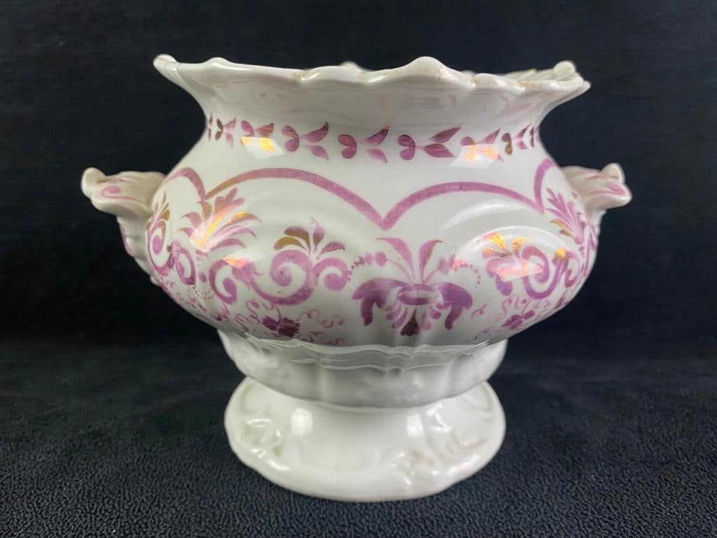 Antique Pink Lustreware Jar: Antique Pink Lustreware Jar Pink Lustreware porcelain jar with two handles from the mid 1800s, made in England. These porcelain sets with the trademark pink pearlescent designs were popular among