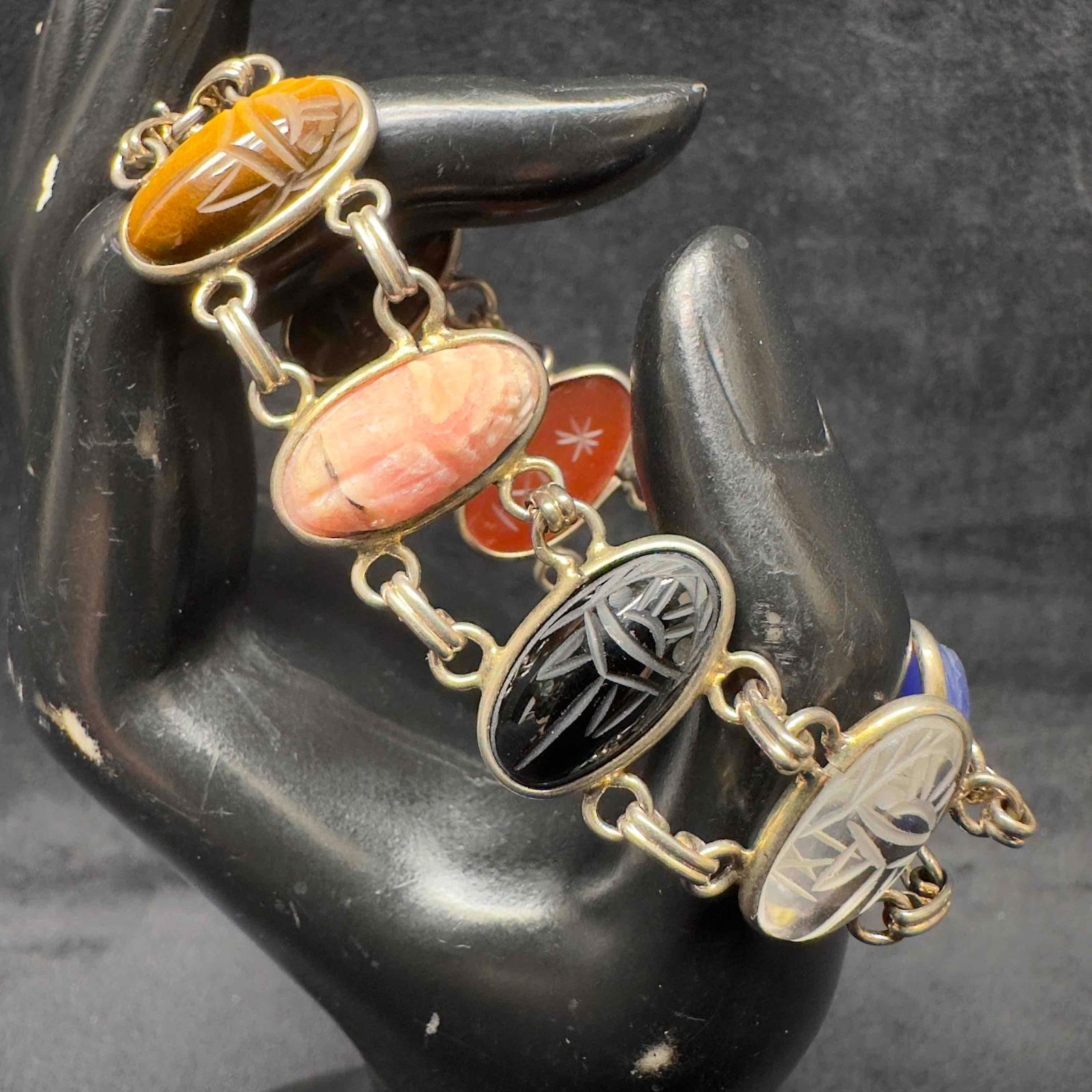 Winard 12K Gold Filled Scarab Beetle Bracelet Eight Gemstones Egyptian Hieroglyphs (1 of 9)
