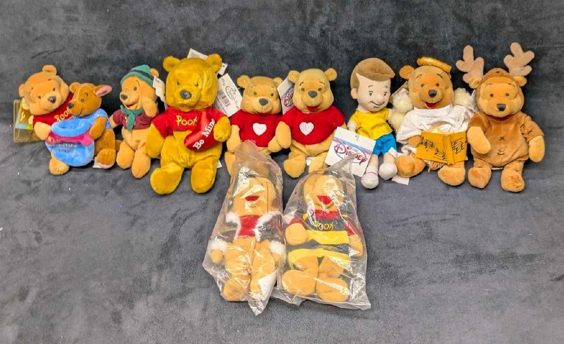 10 Disney Winnie The Pooh Bean Bag Dolls: 10 Disney Winnie The Pooh Bean Bag Dolls. Please see the images for a listing of bean bag dolls included in this lot. This includes two sealed Winnie the Pooh bean bags. All come in a bag that is appr