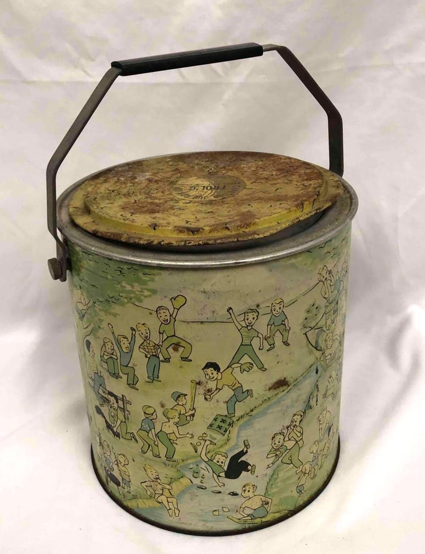 Vintage Cape Cod Frolic One Gallon Cooler: This lot contains a vintage Cape Cod Frolic one gallon cooler. It is approx 8 1/2" x 8 1/2" x 9" and weighs about 4.2lbs. The cooler is made of tin. Overall it is in good used condition considering
