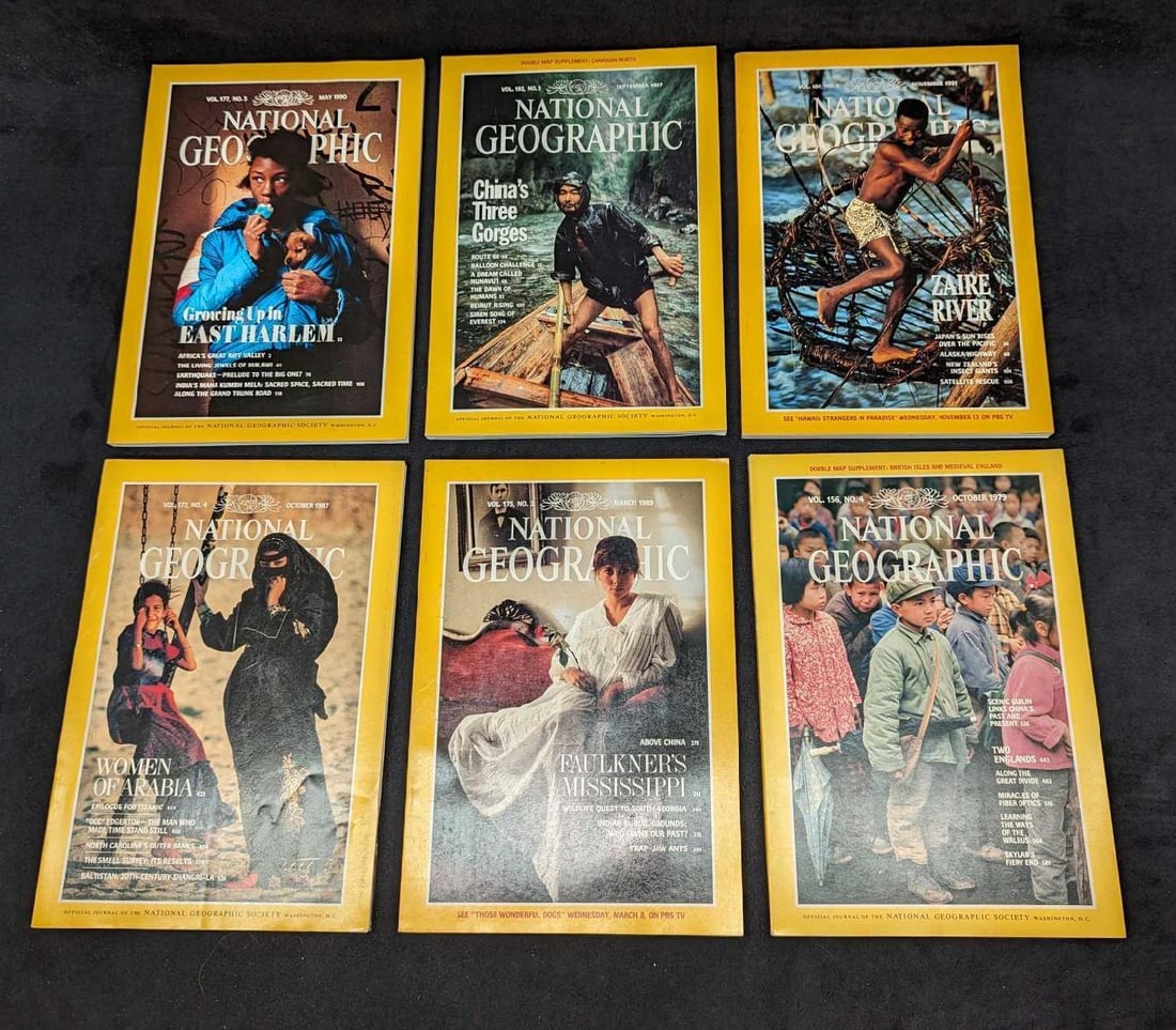 6 1970s 1980s 1990s National Geographic Magazines NGG: 6 1970s 1980s 1990s National Geographic Magazines NGG.This lot includes: (1) September 1997 - China's Three Gorges. (1) November 1991 - Zaire River. (1) May 1990 - Growing Up In East Harlem. 