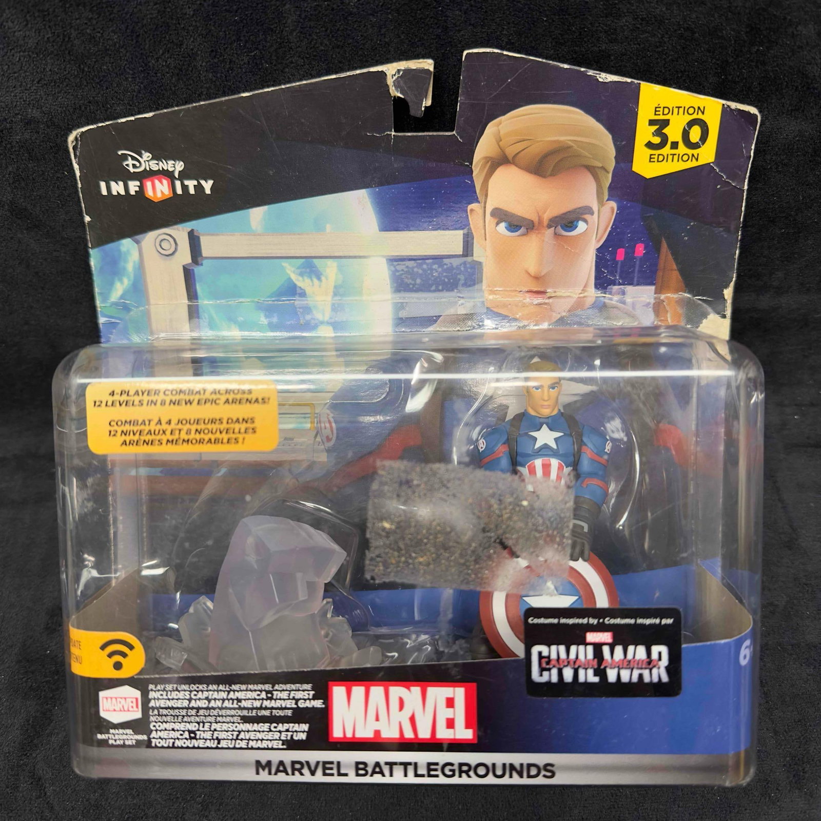 Disney Infinity 3.0 Civil War Marvel Battlegrounds Infinity Captain America: Disney Infinity 3.0 Civil War Marvel Battlegrounds Infinity Captain America. Original packaging a little worn with some tape to keep item sealed. This item is in good pre-owned, previously displayed c