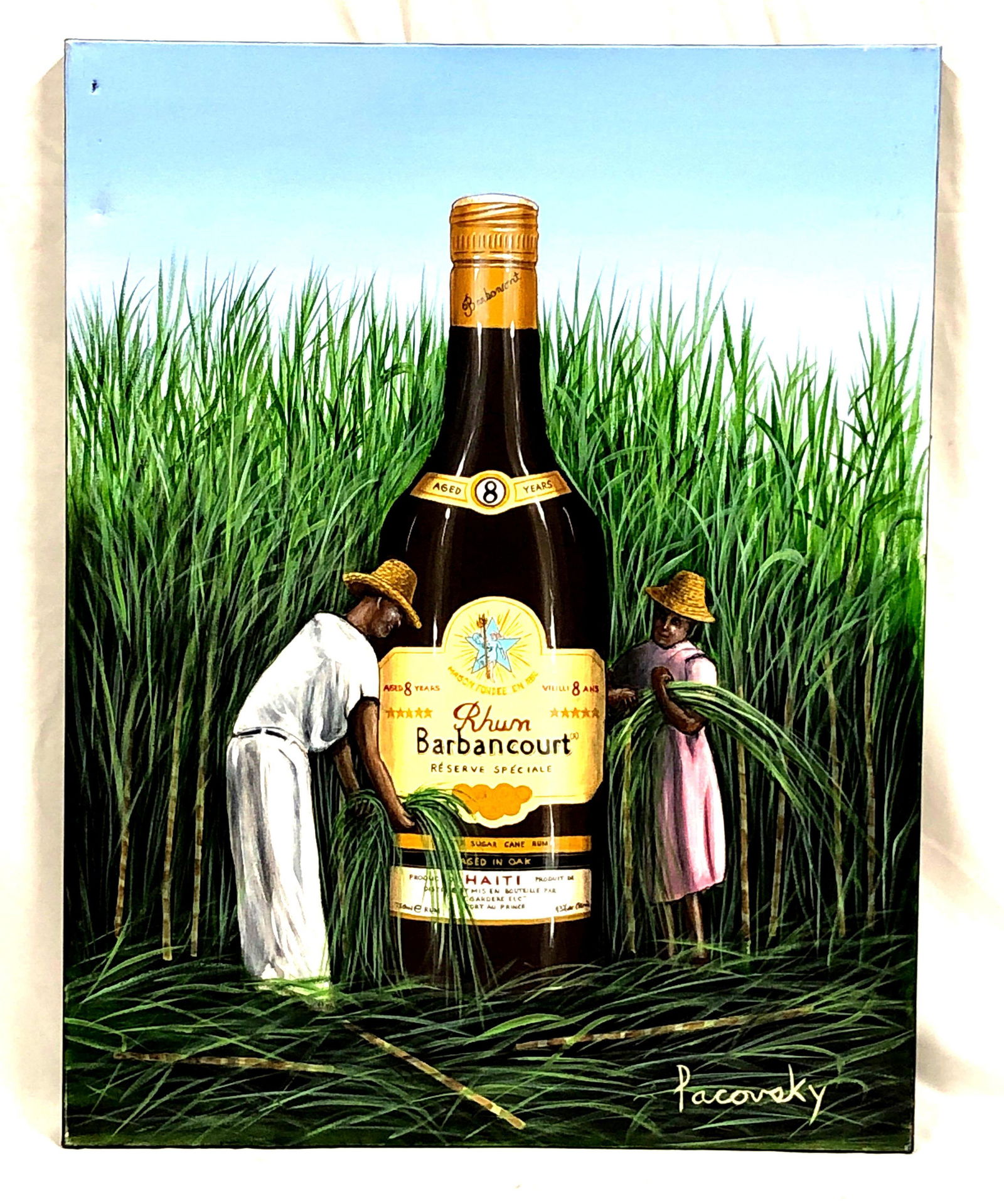 John Pacovsky & Barbancourt Rhum - Commissioned, Signed - Acrylic on Canvas: Barbancourt Rhum Marketing Ad - "Sugarcane" Painting Commissioned by Liquor Branding Executive. Signed Acrylic on Canvas by Artist John Pacovsky. The item measures approximately 28" x