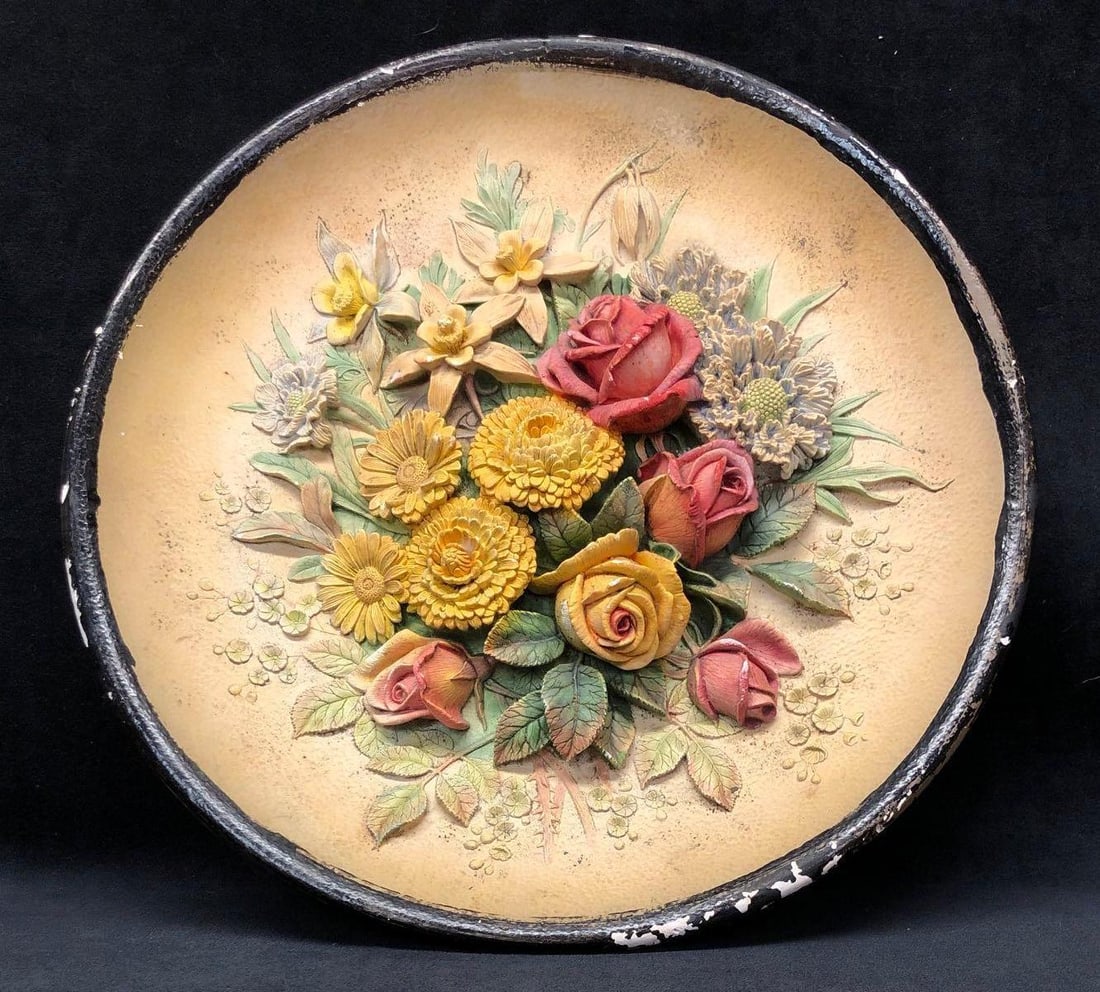 BOSSONS England 1950s Hand Painted 3D Chalkware: This lot contains Vintage 1950s BOSSONS Hand Painted 3D "Summer Flowers" Chalkware Plaque. Made in England. It is approx 14" x 14" x 2" and weighs about 4.5lbs. Overall the