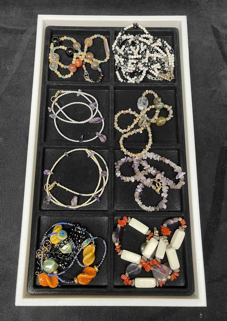 Nine Beaded Necklaces: This lot contains Nine Beaded Necklaces. The tray is included with purchase. The necklaces are all one size fits all. The tray is approx 8 1/4" x 14 3/4" x 1 1/4" and it weighs about 1.4lbs. Overall