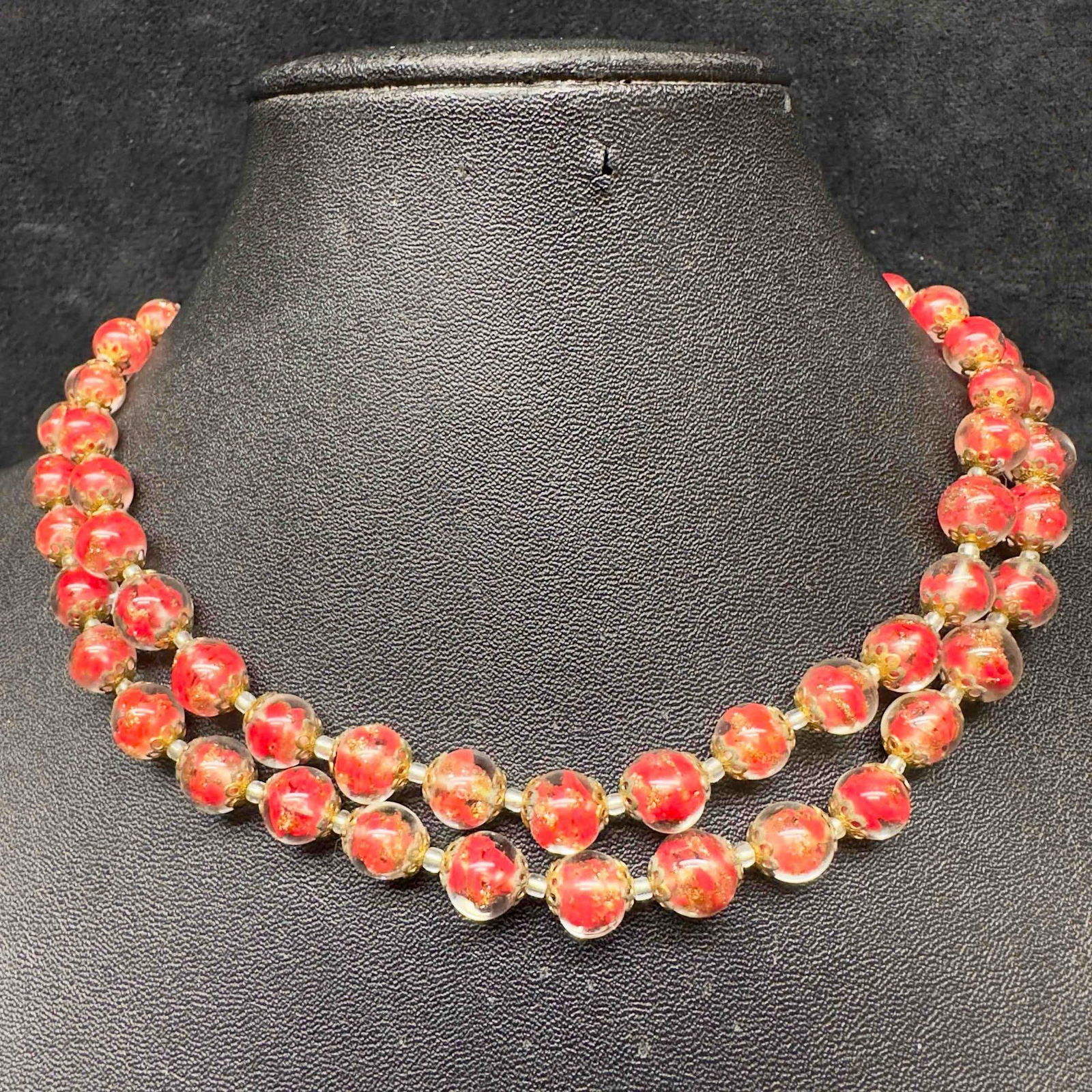 Venetian Murano Art Glass Lamp Work Red Double Layer Choker Copper Beaded Necklace D14: Venetian Murano Art Glass Lamp Work Red Double Layer Choker Copper Beaded Necklace D14. Necklace with red colored glass beads with beautiful designs on each. The necklace features copper colored