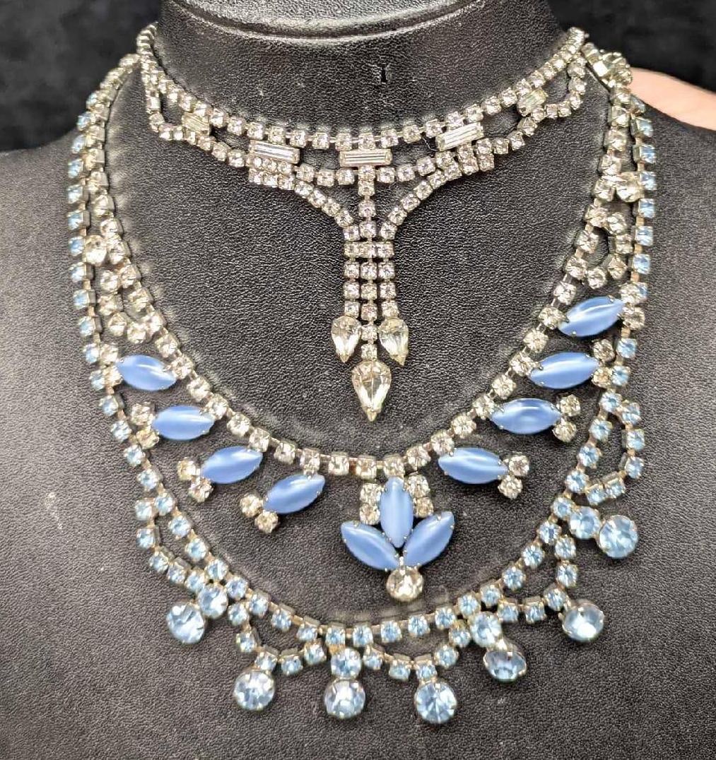 Vintage Coro And Unsigned Blue Glass And Rhinestone Necklaces Lot Of 3: Vintage Coro And Unsigned Blue Glass And Rhinestone Necklaces Lot Of 3. This lot includes: (1) Coro Silver Tone Blue Rhinestone Necklace. This is approx 1"x 19" x 1/4".(1) Unsigned Silver