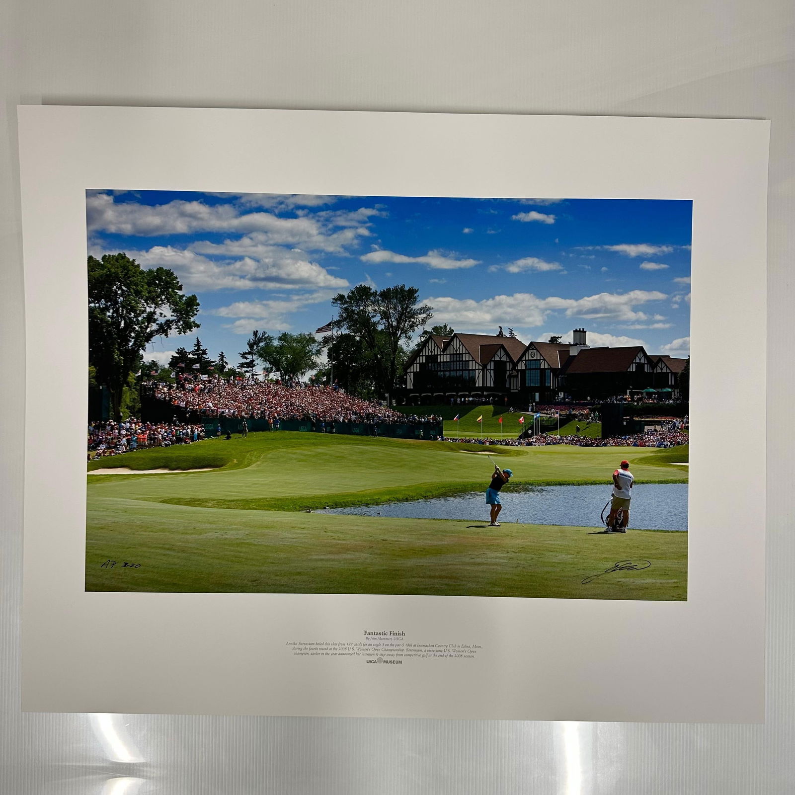 Annika Sorenstam Fantastic Finish 2008 U.S. Women’s Open Signed USGA Limited Edition AP Photo: Color photographic print titled Fantastic Finish by John Mummert (USGA), depicting golf legend Annika Sorenstam holing out for an eagle on the par-5 18th hole at Interlachen Country Club in Edina, Min