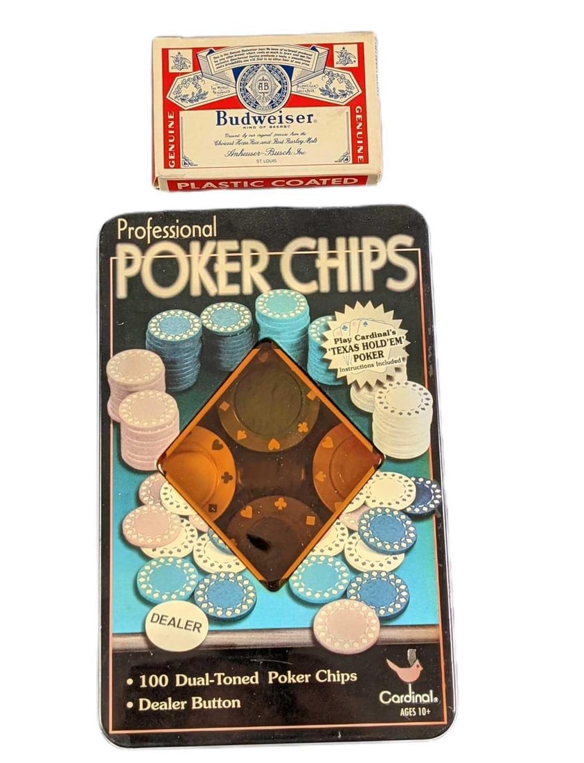 Cardinal Professional Poker Chips With Cards: Comes with 100 dual-toned poker chips and a dealer button, along with Texas Hold'em Poker Instructions. Also comes with a pack of plastic-coated Budweiser playing cards. The poker chip tin has ne