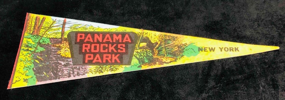 Panama Rocks Park New York Wall Pennant Flag: This lot contains a Panama Rocks Park New York Wall Flag. It is approx 4 3/4" x 14" and it weighs about 0.01lbs. Overall the Flag is in good used condition with some light wear from use over time. Ple