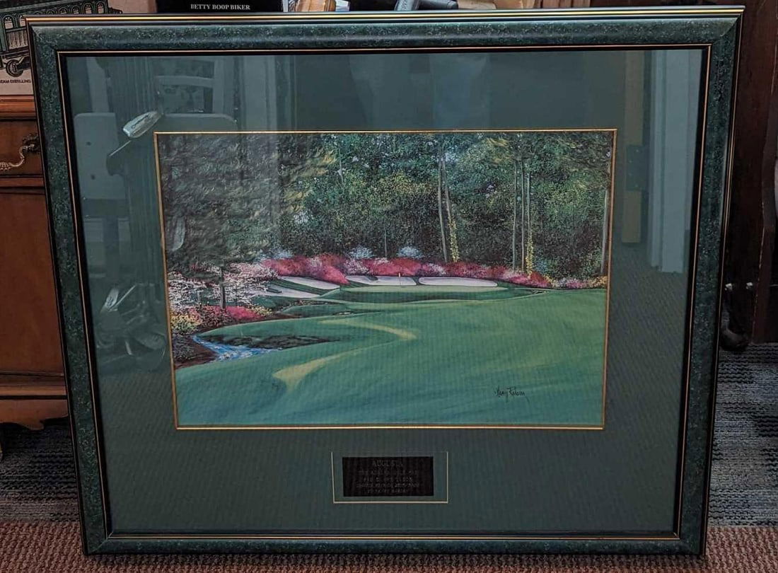 S&N Framed Nancy Raborn Augusta The Azalea Hole #13: S&N Framed Nancy Raborn Augusta The Azalea Hole #13. This one is #2517 out of #5000. The framed print is approx 35 1/2" x 1 3/4" x 32 3/4" and it weighs 13.40 lbs. The print was signed by the artist o