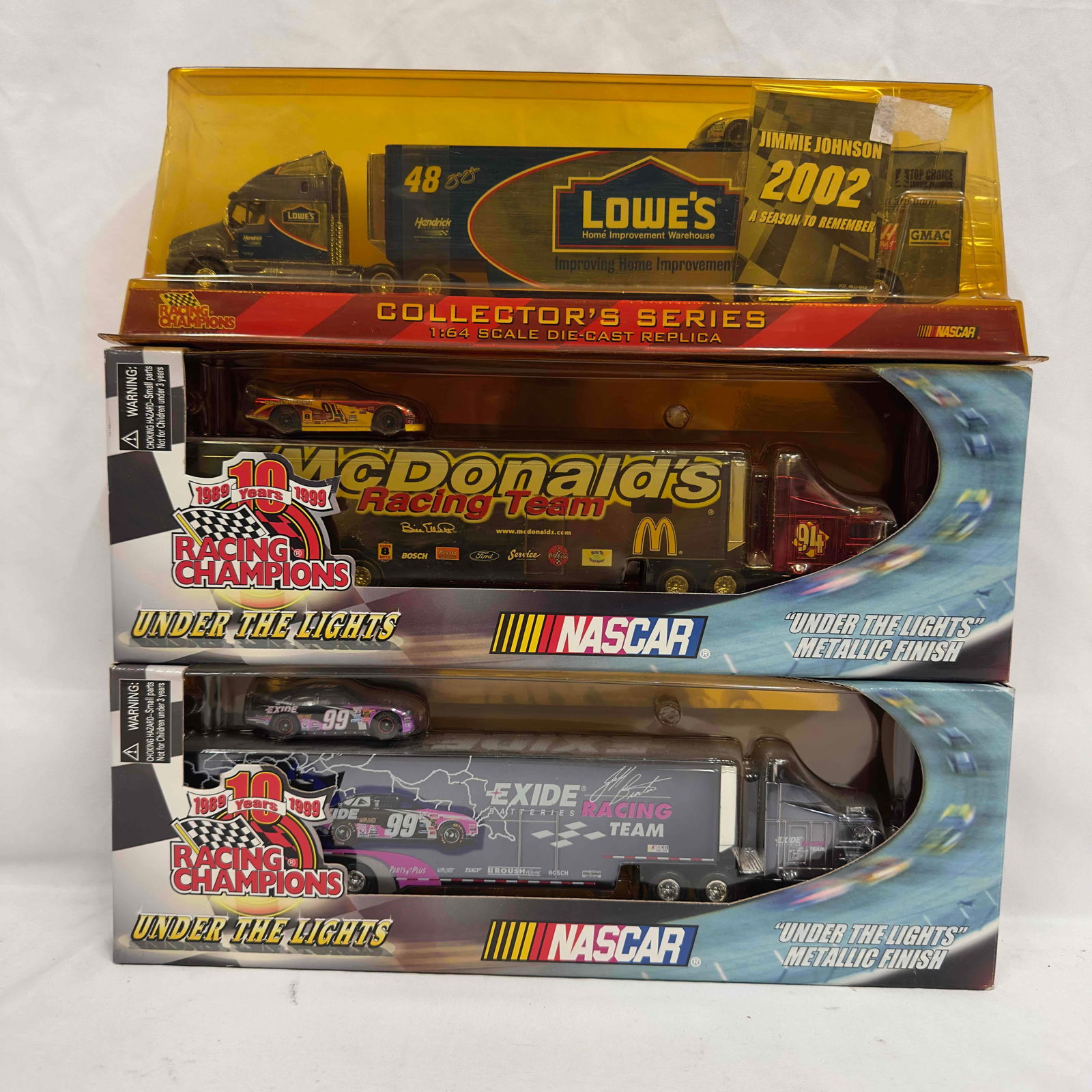 Racing Champions Race Team Transporter Truck Trailer Stock Car Set Lot of 3 Die Cast Trucks Lowe's: Racing Champions Race Team Transporter Truck Trailer Stock Car Set Lot of 3 Die Cast Trucks Lowe's McDonald's. Each collectible is Sealed new featuring three Racing Champions die cast Racing T