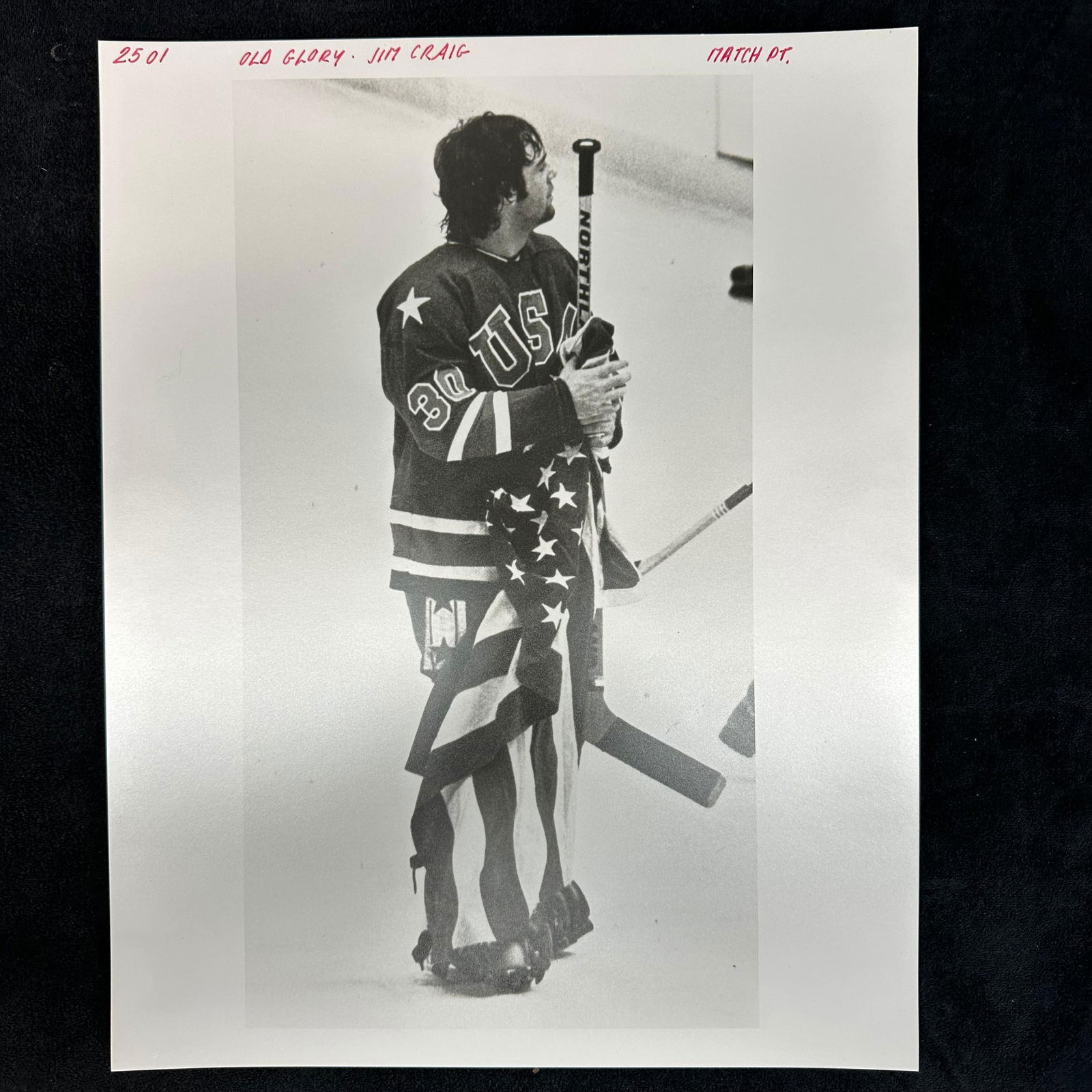Miracle on Ice Old Glory Jim Craig with American Flag Analog Black and White Photo (1 of 5)