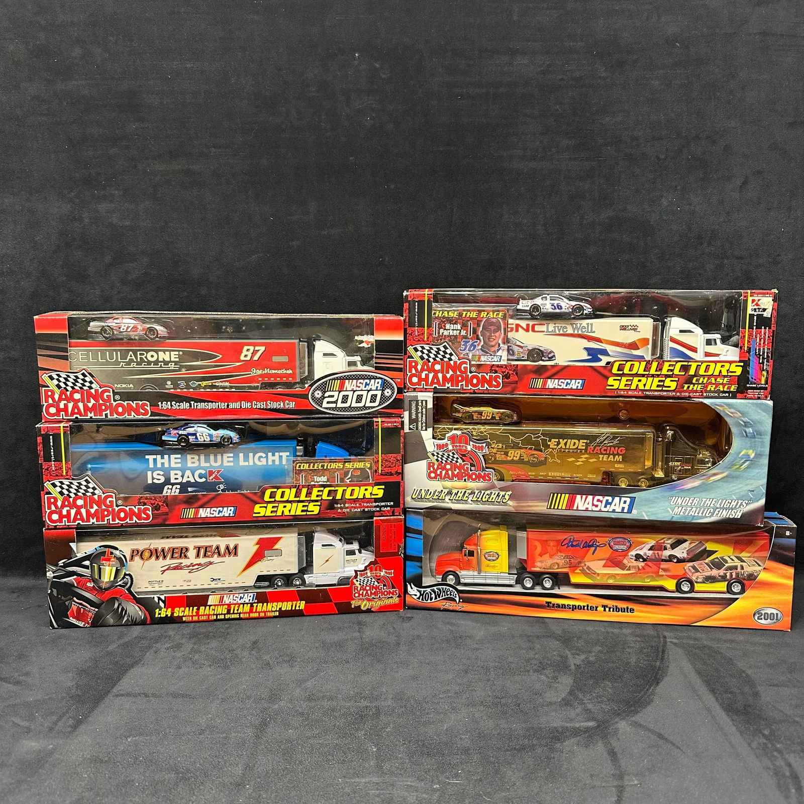 Racing Champions Hot Wheels Transporter Truck Trailer Car Set Lot of Six 6: Each collectible is sealed new, featuring six Racing Champions and Hot Wheels die-cast Racing Team Transport, with some including a stock car. NASCAR collectibles from the 90's to the early 2000&#