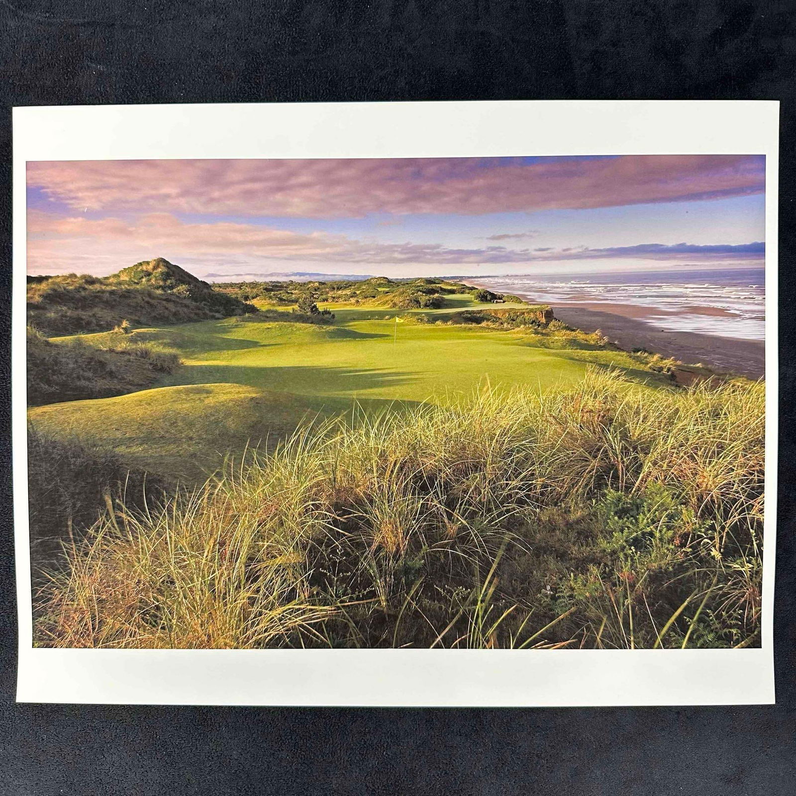 Golf Links Oceanfront Landscape Photograph Bandon Dunes 14?? x 11: Vibrant color photograph print featuring a dramatic oceanfront golf course with rolling green dunes and coastal horizon view. Crisp and high-contrast image with slightly enhanced saturation for depth