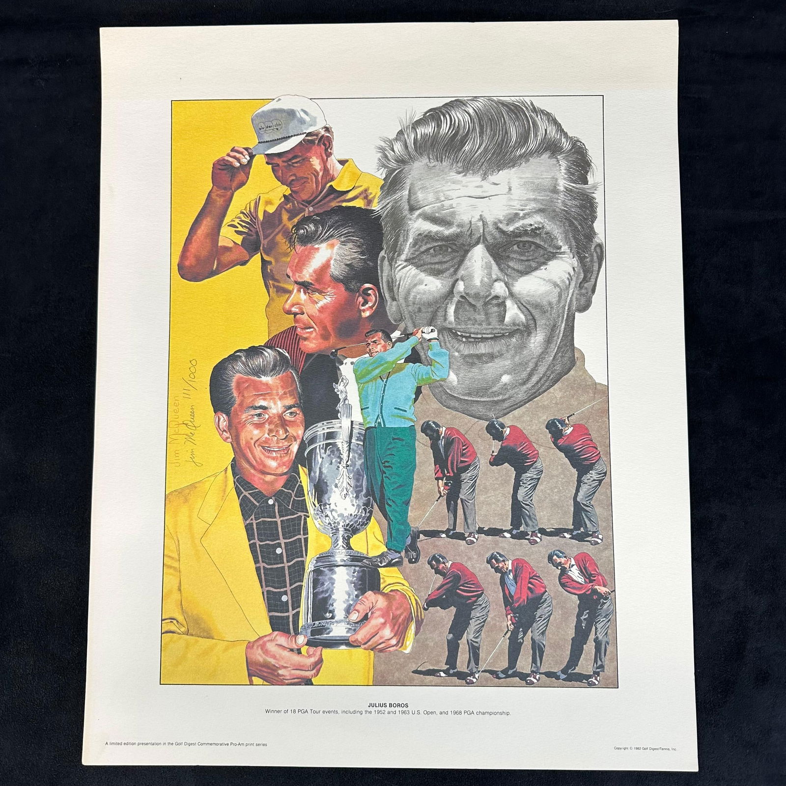 Jim McQueen Signed and Numbered Lithograph julius Boros Golf Digest Commemorative 1984 Print #111: Limited edition lithograph by Jim McQueen, depicting PGA Tour champion Julius Boros. Hand-signed by the artist and numbered 111/1000 in pencil. Published in 1984 by Golf Digest/Tennis, Inc. The print