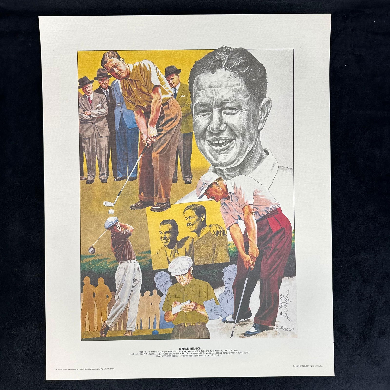 Jim McQueen Signed and Numbered Lithograph Byron Nelson Golf Digest Series #205 of 1000: Limited edition lithograph by Jim McQueen, titled Byron Nelson. Hand-signed and numbered 205/1000 by the artist. Published in 1985 as part of the Golf Digest Commemorative Pro-Print series. Features a