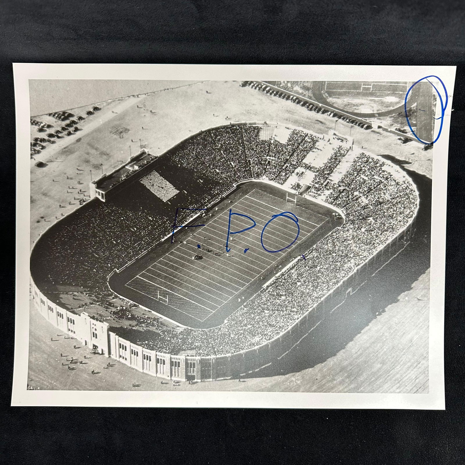 Vintage Analog Photo Print Aerial View of Stadium with Crowd Marked "F.P.O" and Notations (1 of 5)