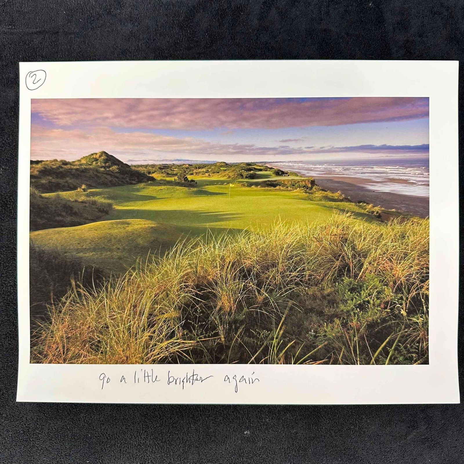 Bandon Dunes Coastal Golf Course Photograph Color Print BD3: Vivid color photograph of a scenic coastal Bandon Dunes golf course, featuring lush green fairways, rolling dunes, and ocean waves under a more saturated sky. This version has enhanced brightness and