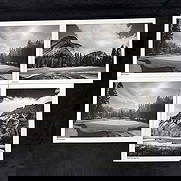 Banff Springs Golf Course Black & White Set of Four Prints: Set of four black and white photographic prints featuring scenic views of Banff Springs Golf Course, including holes No. 5 and others. Each print highlights dramatic mountain backdrops, tree-lined