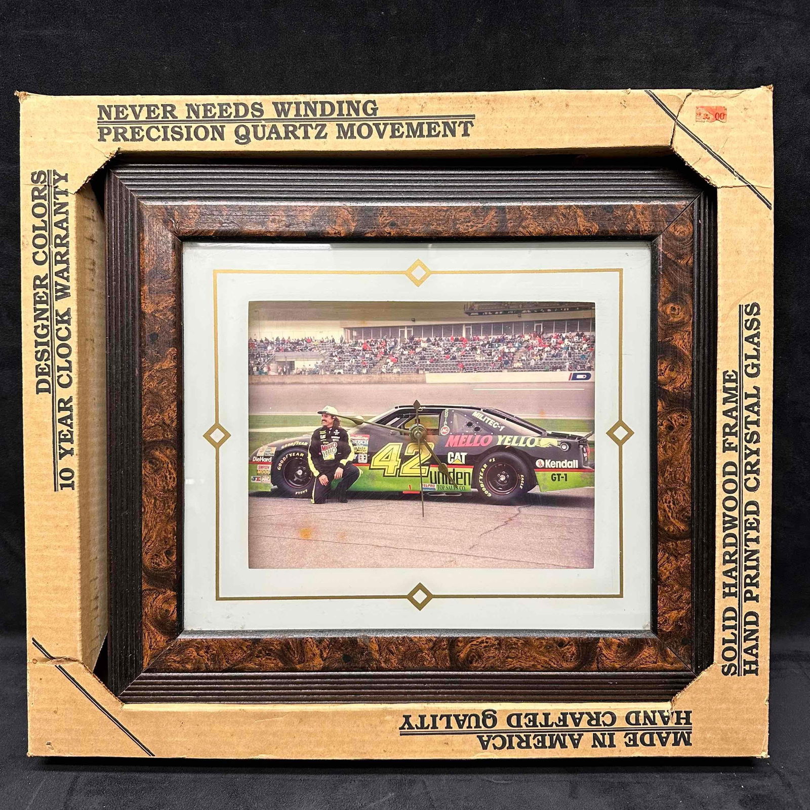 Kyle Petty #42 NASCAR Yardley Clock Framed Mello Yello: Kyle Petty #42 NASCAR Yardley Clock Framed Mello Yello. Comes in original packaging. Frame and glass show signs of wear due to storage. Discoloring noticed on the clock arms. This item is in pre