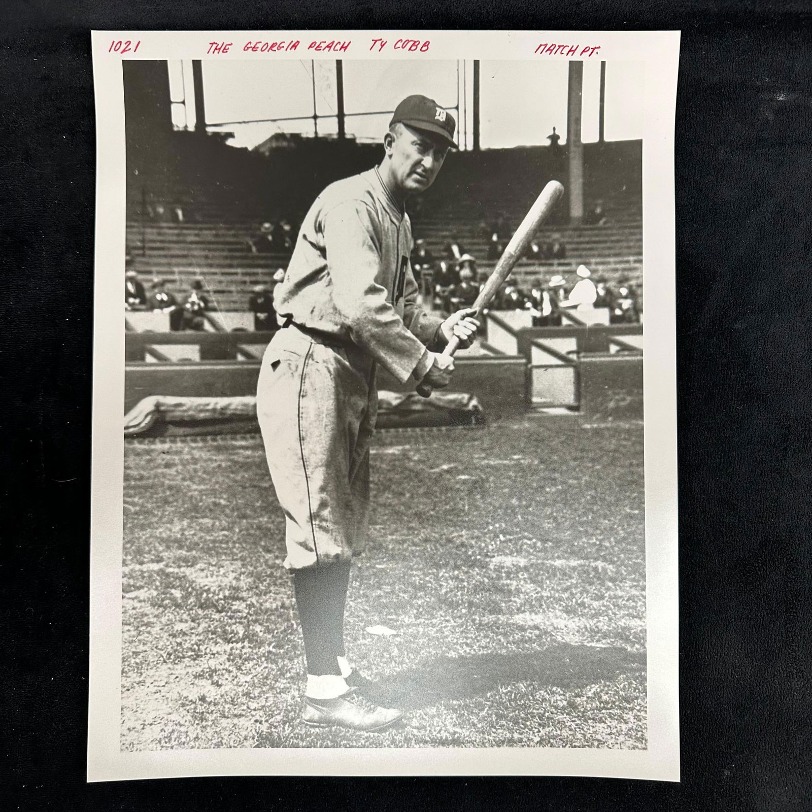 Ty Cobb The Georgia Peach Analog Photograph Print Pearl Resin Coated Paper: Black and white vintage photograph print of baseball legend Ty Cobb, shown at bat in uniform with the Detroit Tigers. The image is printed on pearl resin-coated paper, giving it a semi-gloss finish.