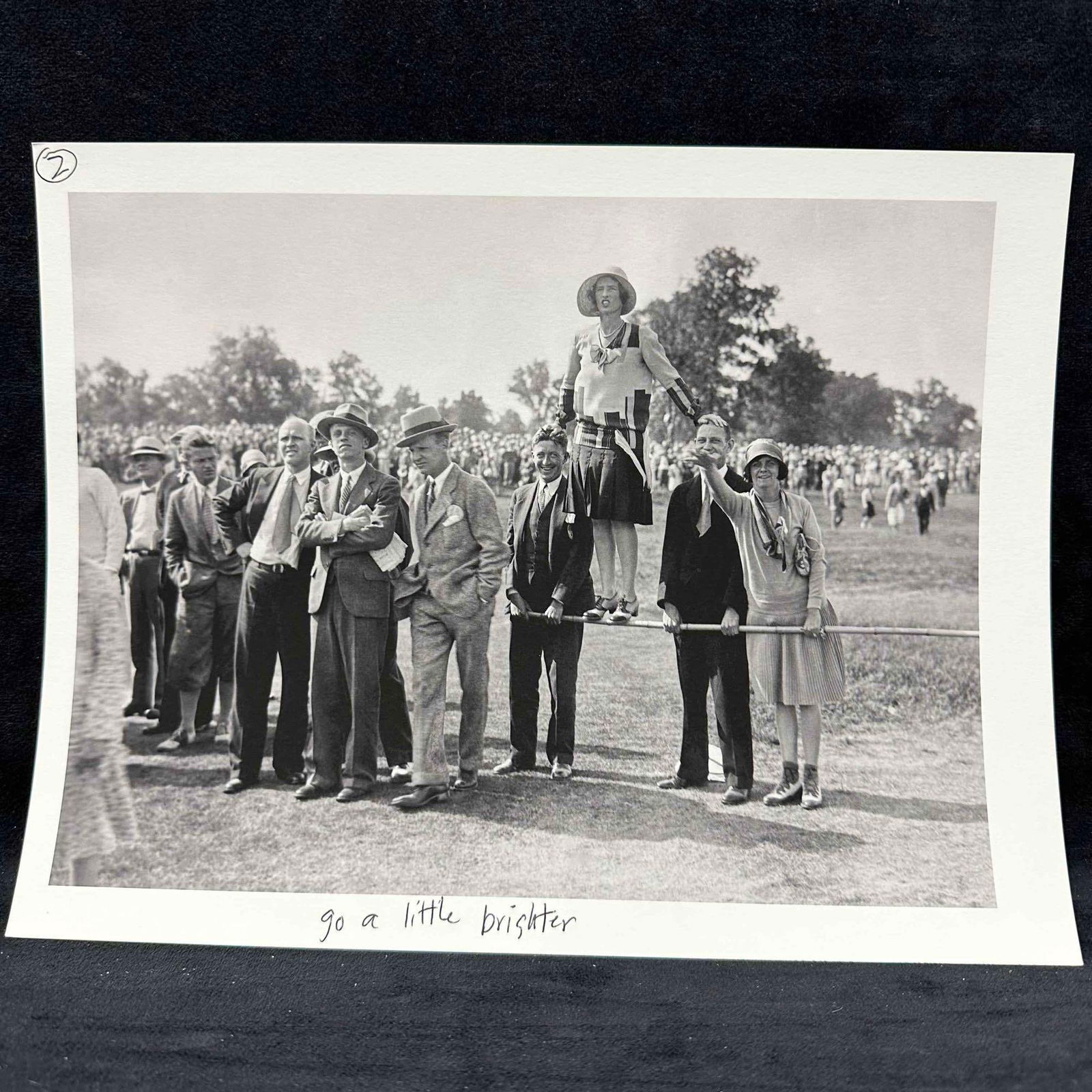 Golf Tournament Crowd Photograph Print Spectators on the Fence Black and White: Original black-and-white 1920's golf photograph capturing a lively tournament scene with a large gallery of spectators. The focal point shows several well-dressed men and women standing and