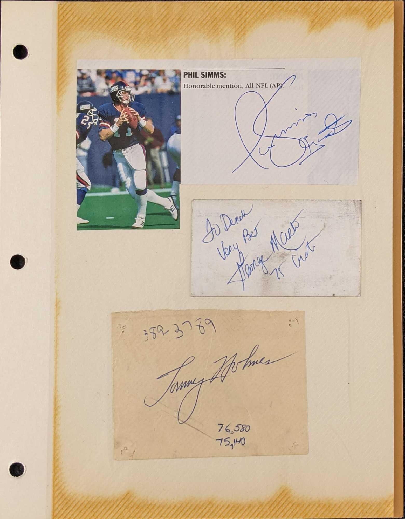 Autographed Football & Baseball Note Card Paper: This lot consists of: (1) Autographed Phil Simms "Honorable Mention" clipped from a magazine.(1) Autographed George Martin (1975 Giants) Back Of A Business Card.(1) Tommy Holmes Autographed