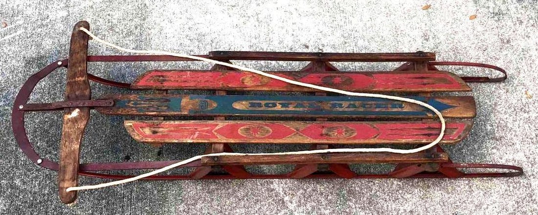 Vintage Royal Racer Wood/Metal Sled: This lot contains a vintage Royal Racer wood/metal sled. It is approx 53 1/2" x 22" x 6" and weighs about 5.0lbs. Overall the sled is in good used condition considering its age and use. There is