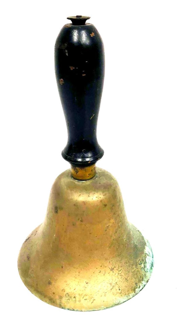Vintage Brass School Bell With Wood Handle: This lot contains Vintage Brass School Bell With Wood Handle. It is approx 5" x 5" x 8 1/2" and it weighs about 1.1lbs. Overall the Brass bell is in good used condition with some light wear from use o