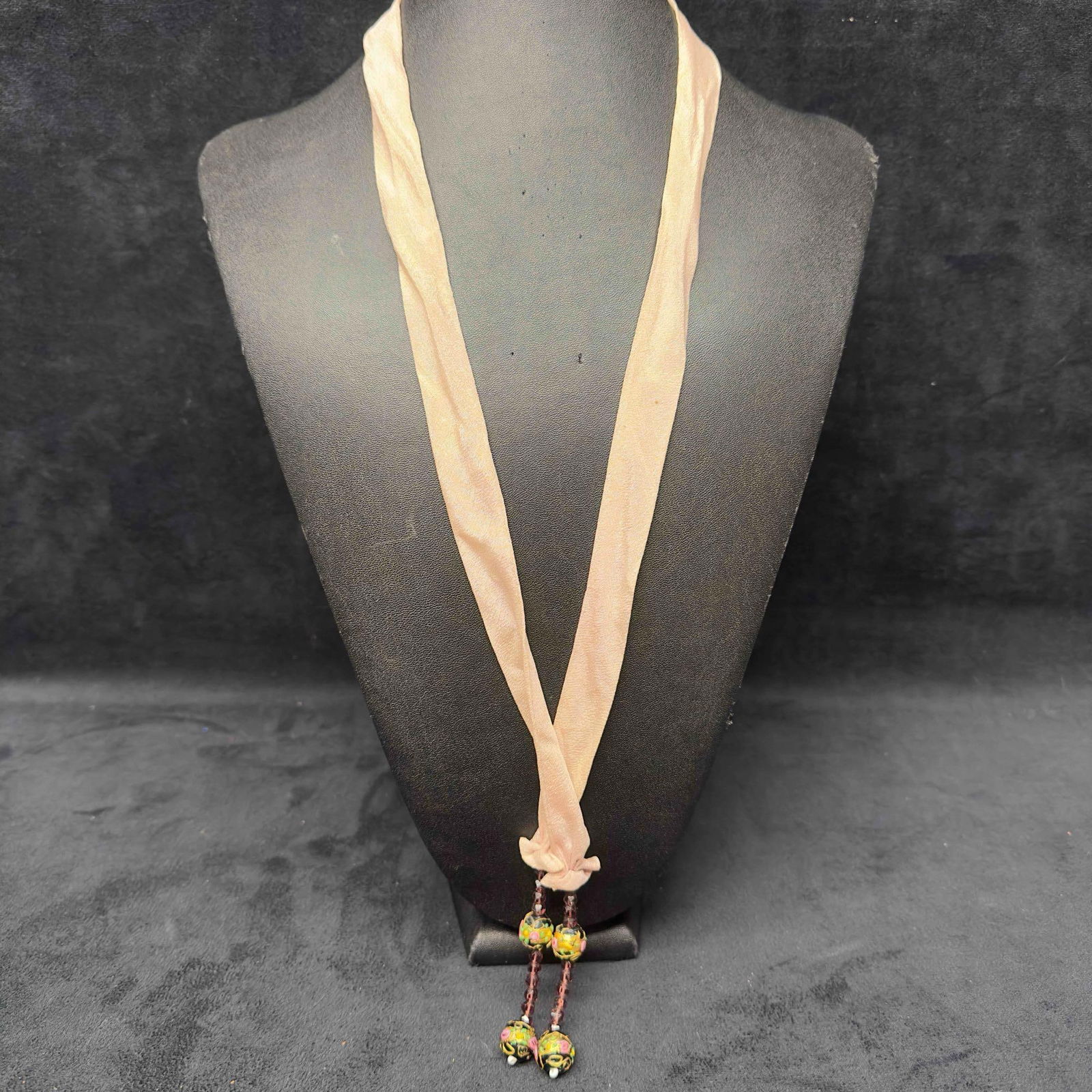 Murano Venetian Lamp Work Glass Bead Black Floral Flower Four Beaded Pink Ribbon Necklace: Murano Venetian Lamp Work Glass Bead Black Floral Flower Four Beaded Pink Ribbon Necklace. Necklace with black colored glass beads with beautiful designs on each. The necklace features multi colored a