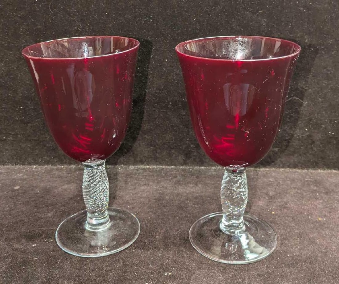 2 Vintage Ruby Red Twisted Stem Water Goblets - 4