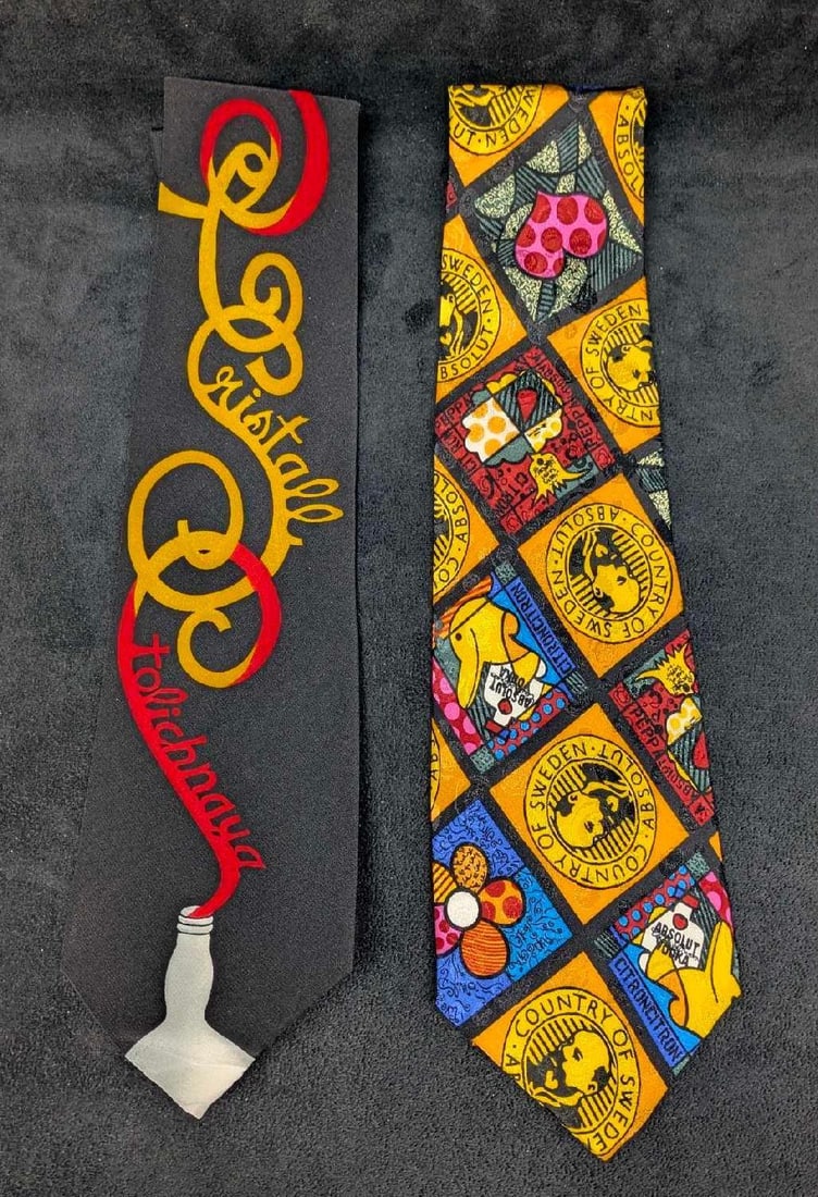 Absolut Vodka Romero Britto And Stolichnaya Vodka Silk Ties: Absolut Vodka Romero Britto And Stolichnaya Vodka Silk Ties. NIB in packages that are approx 16 1/2" x 4 3/8" and the total weight is 0.30lb. The Stolichnaya has a crease at the end. 