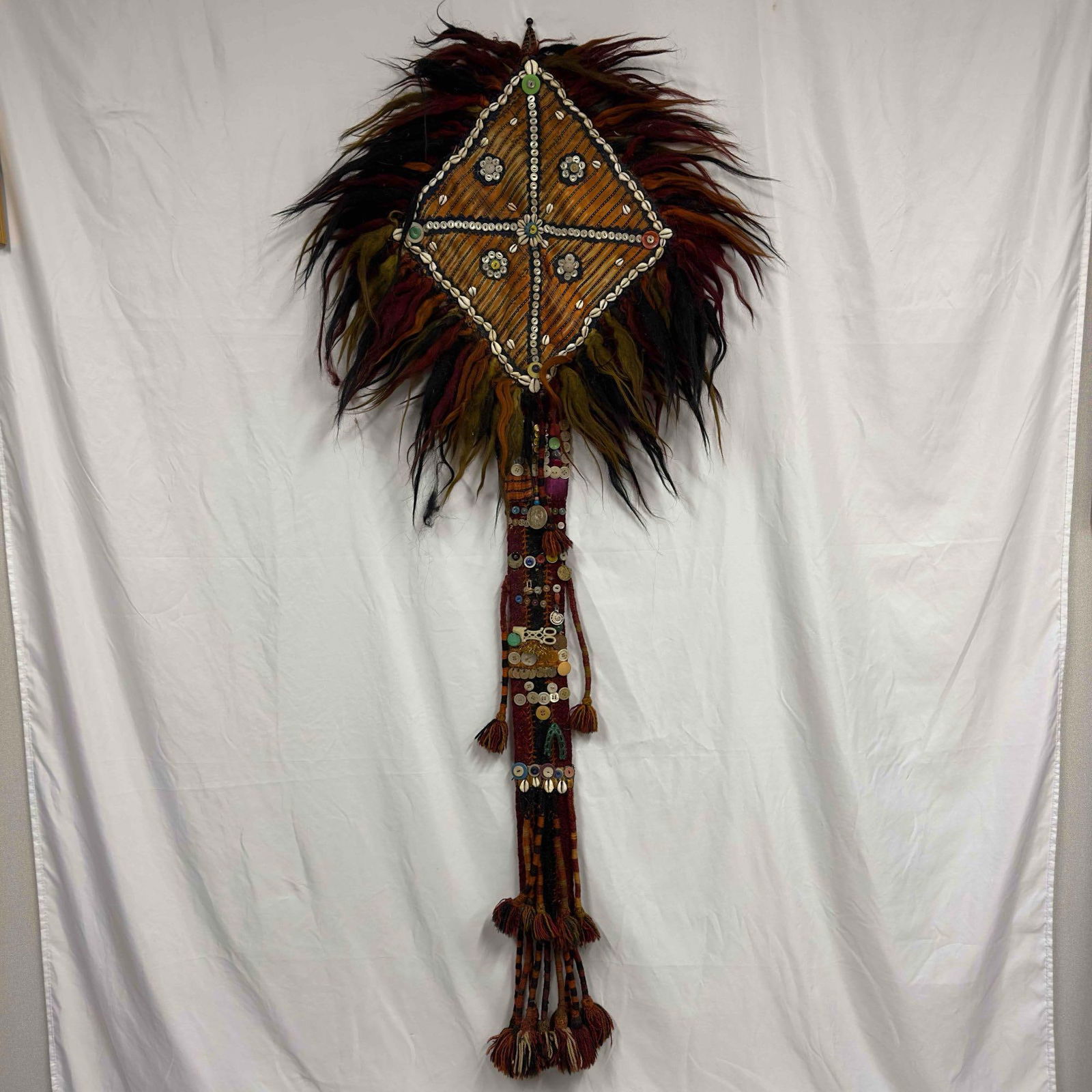 Handmade Tribal Ceremony Fabric Coin Button Shells Wall Artwork Folk Art (1 of 13)