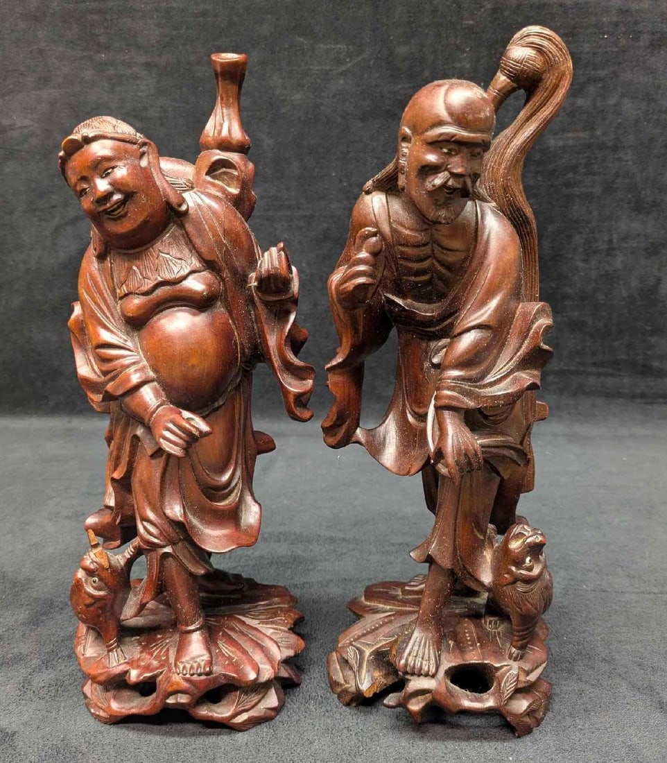 Vintage Wooden Laughing Budai Buddha And Skinny Man Statues (1 of 13)
