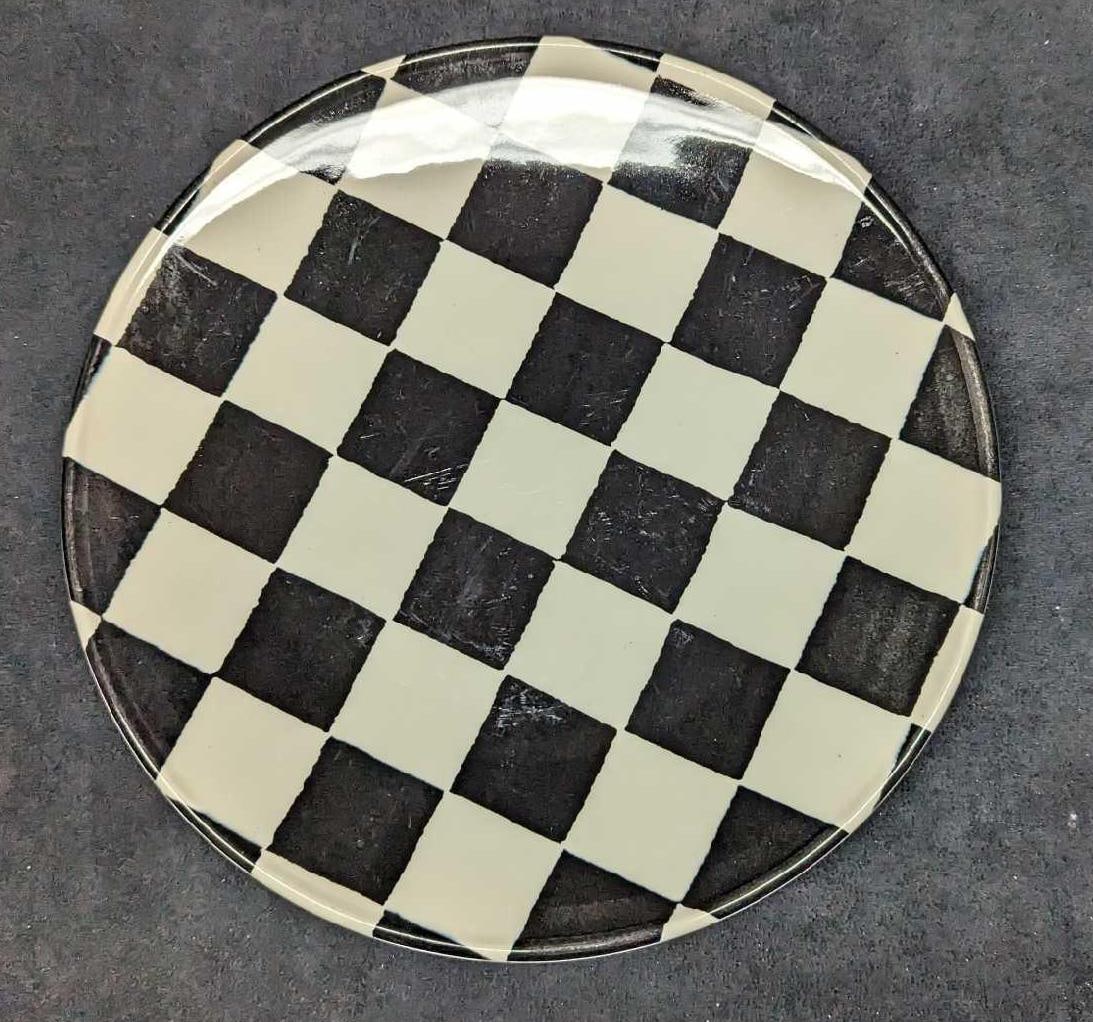 Checkerboard Pattern Ceramic 11" Round Platter: Checkerboard Pattern Ceramic 11" Round Platter. The company logo on the back is mostly faded away. This is approx 11 1/4" x 11 1/4 x 1" and it weighs 1.59lb. There are some light scratches and s