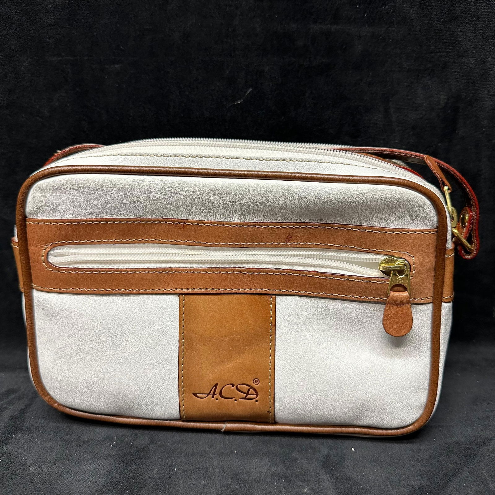 A.C.D. Marked White and Tan Leather Crossbody Shoulder Bag (1 of 5)