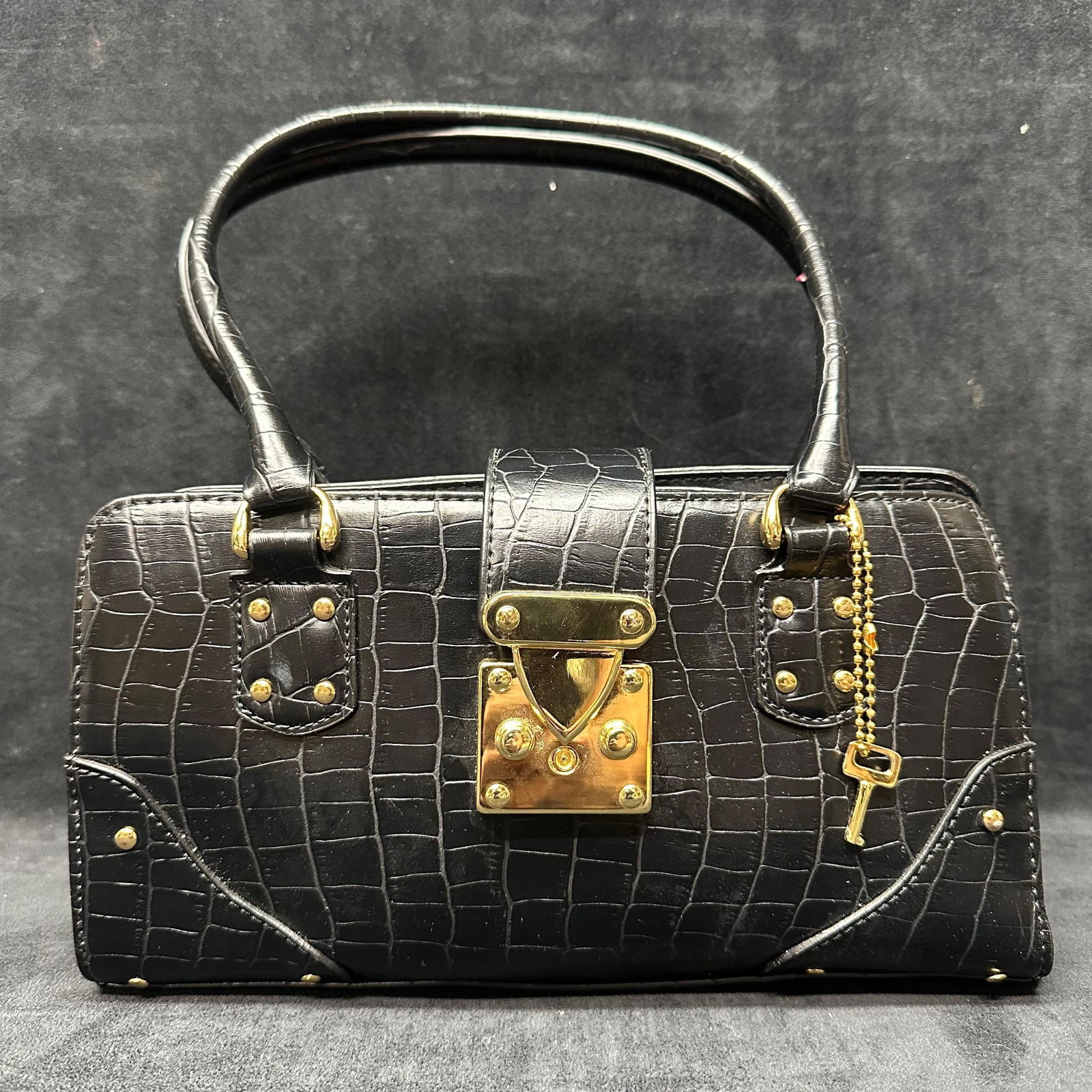 Black Faux Crocodile Embossed Satchel Handbag Gold Tone Hardware (1 of 4)