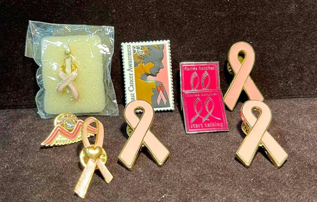 Breast Cancer Pin Bundle (F18): This lot contains a Breast Cancer Pin Bundle (F18). The pins fit together in a small 6 3/4" x 4 1/4" plastic bag and altogether they weigh about 0.1lbs. Overall the pins are in good used condition wit