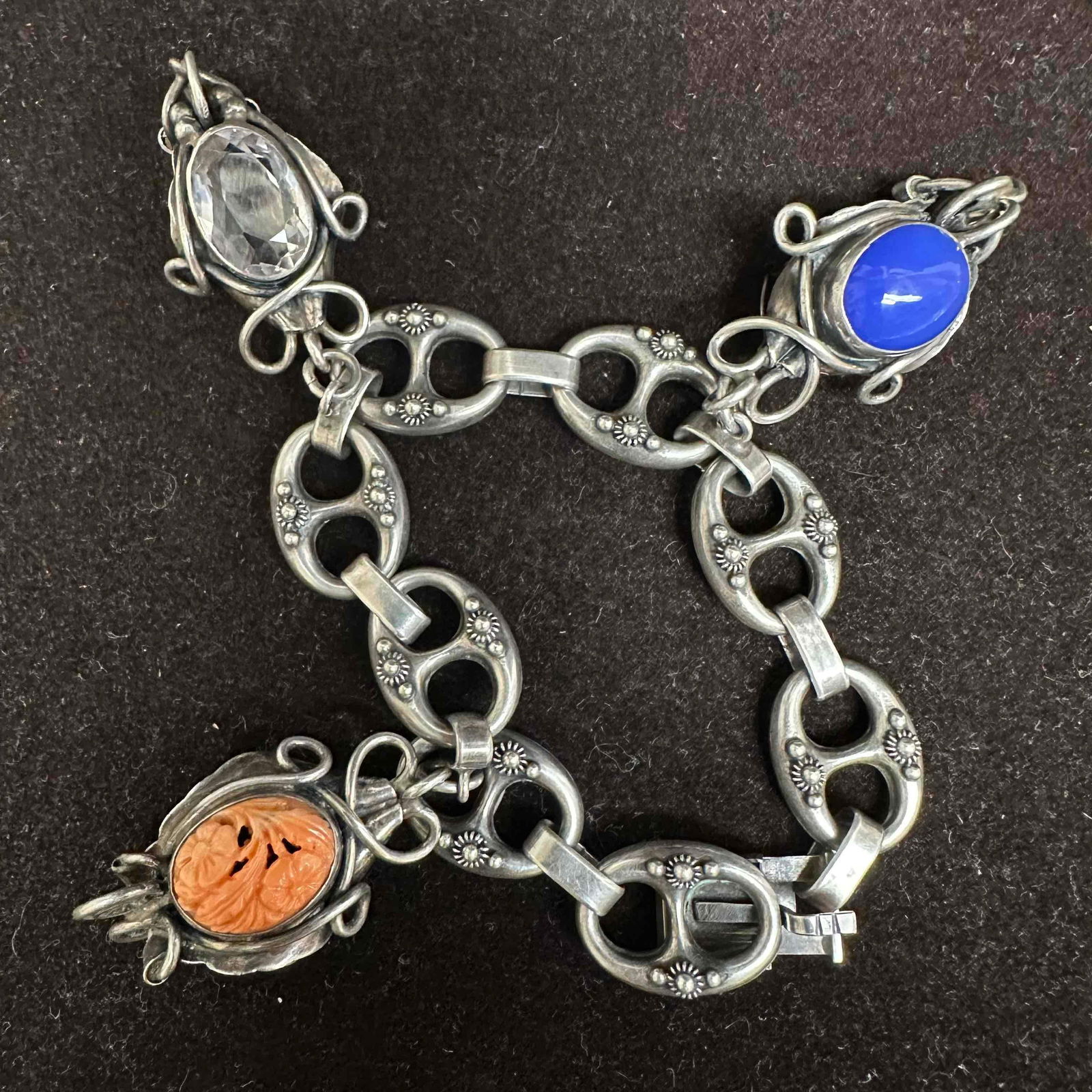 Etruscan Revival Style Silver 800 Multiple Ornate Faux Stones Three Charms Bracelet Floral H11: This item is in good pre-owned, previously used/displayed condition with noticeable light wear, and surface scratches. Please reference all photos for full details. This piece of jewelry has been test