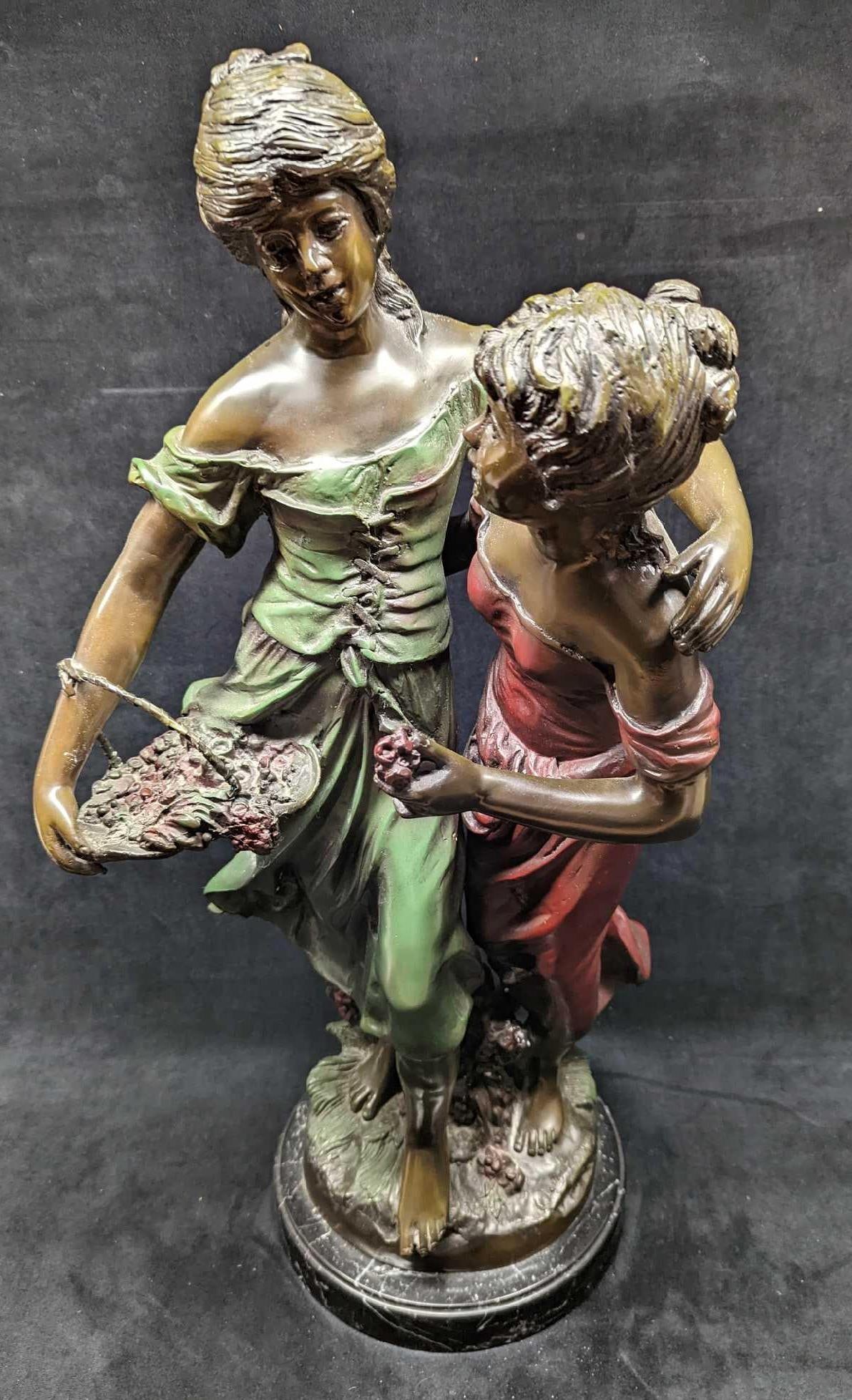 After Auguste Moreau: Two Women Bronze Statue: After Auguste Moreau: Two Women Bronze Statue. Signed "Auguste Moreau" bronze with dark green, reddish-brown and light brown patination, on a naturalistic integral base mounted to a circular marble pl