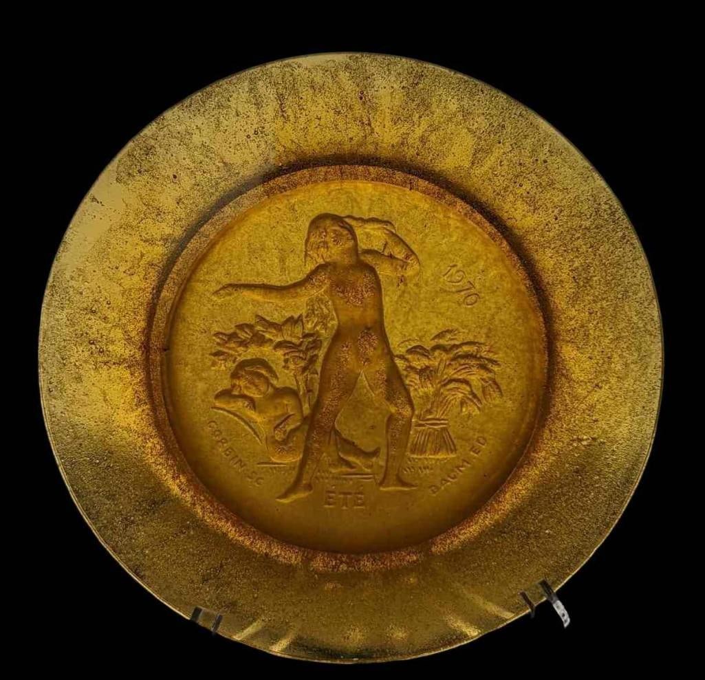 Summer French Daum Crystal Plate By Corbin: Amber crystal plate "Ete" (Summer) Number 1522/2000. This plate is approx 10 1/2" x 10 1/2" x 3/4" and it weighs 4.07lbs. This plate was designed by Raymond Corbin and released in 1970. The plate is i