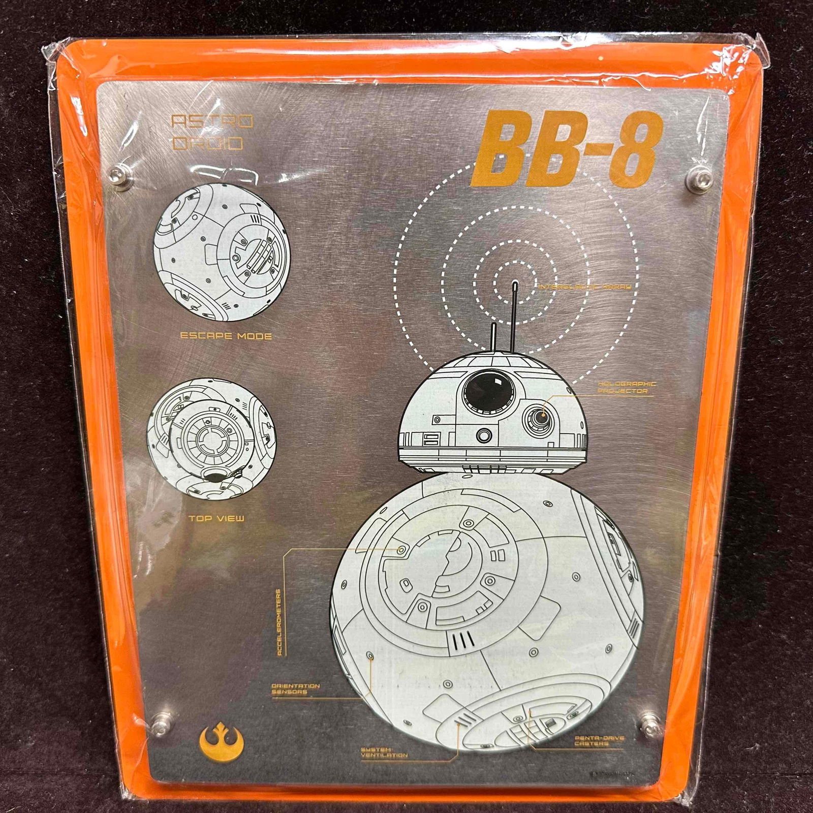 Disney Parks Star Wars Laser Sculpture BB-8 Droid Plaque Metal Art: The Art of Disney Theme Parks official laser sculpture Star Wars BB-8 Droid metal artwork plaque. Sealed Brand New with Original Tag Still Intact. Includes COA. Measures: 8" x 10" x 1/2".