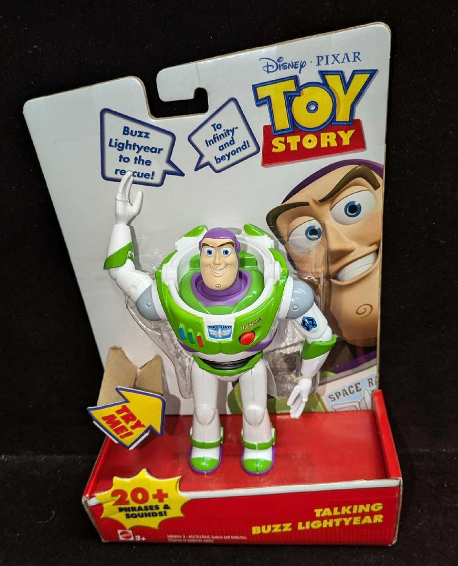 Disney Pixar Talking Buzz Lightyear Figure: Disney Pixar Talking Buzz Lightyear Figure. Can say 20-plus phrases and sounds. This was released by Mattel in 2015. The box is approx 7" x 3" x 10" and it weighs 0.48lb. The figure has never been rem