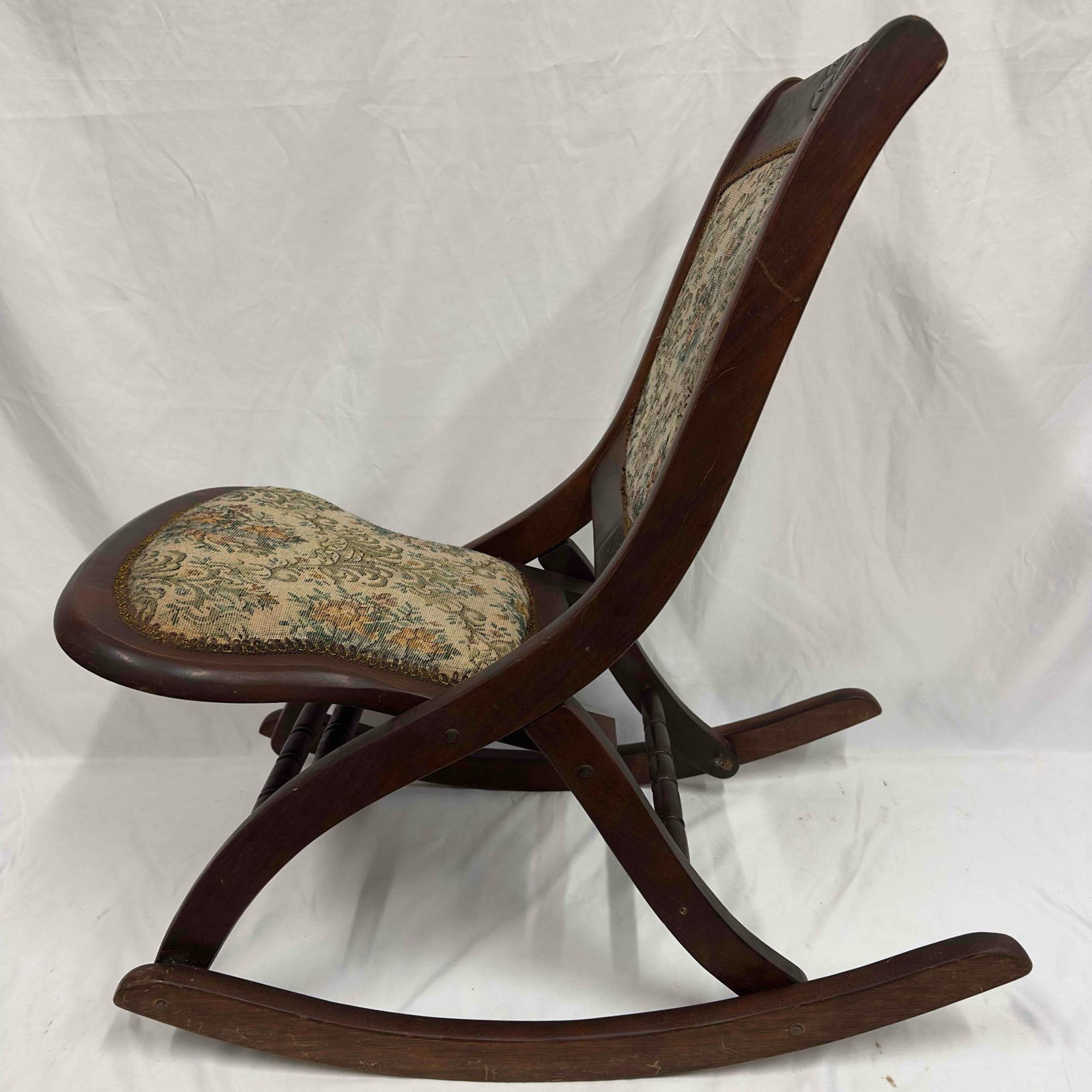 Antique Folding Victorian Style Wooden Rocking Chair Floral Tapestry Accents (1 of 15)