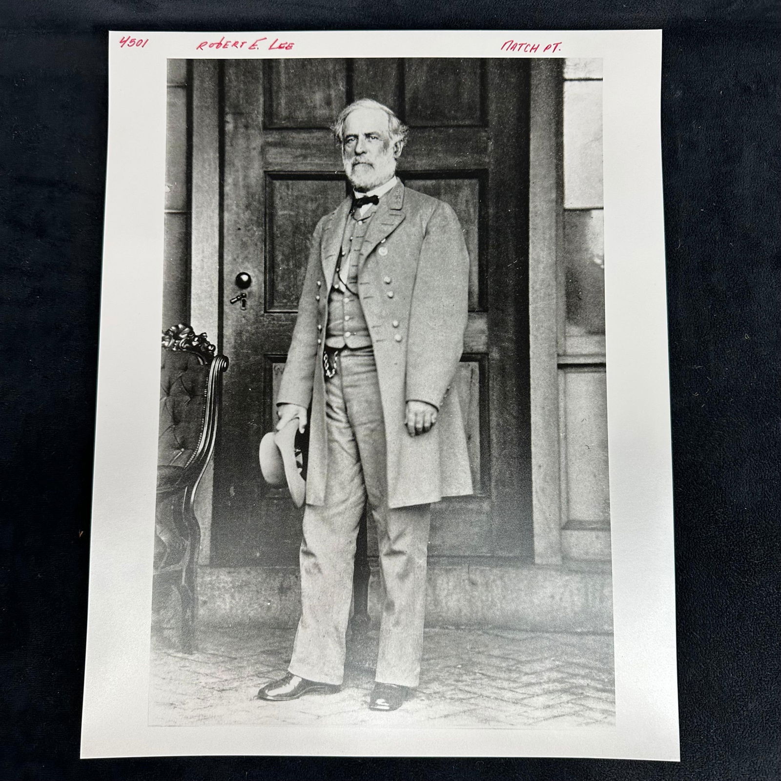 Black and White Historical Photograph Robert E. Lee Silver Gelatin Print on Pearl Resin-Coated Paper: Black and white analog photograph print, printed on pearl resin-coated photo paper featuring Confederate General Robert E. Lee standing in uniform, holding his hat. The image is a detailed reproductio