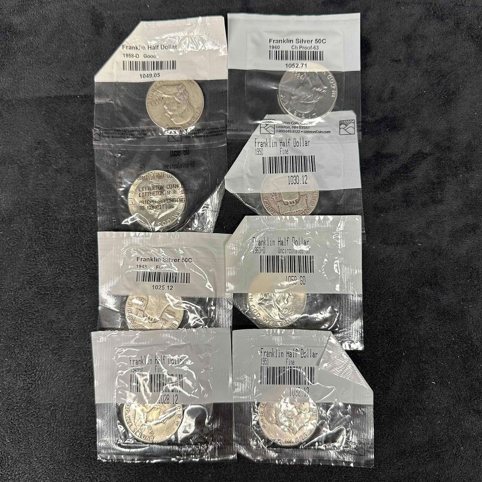 Franklin Half Dollars Coin Collection of 8 Eight Coins 1948-1963: These coins have been tested and researched to the best of our ability prior to listing. Please view photos, as they are a part of the condition. DETAILS: Metal - .900 Silver Tested - Yes Size - 30.6