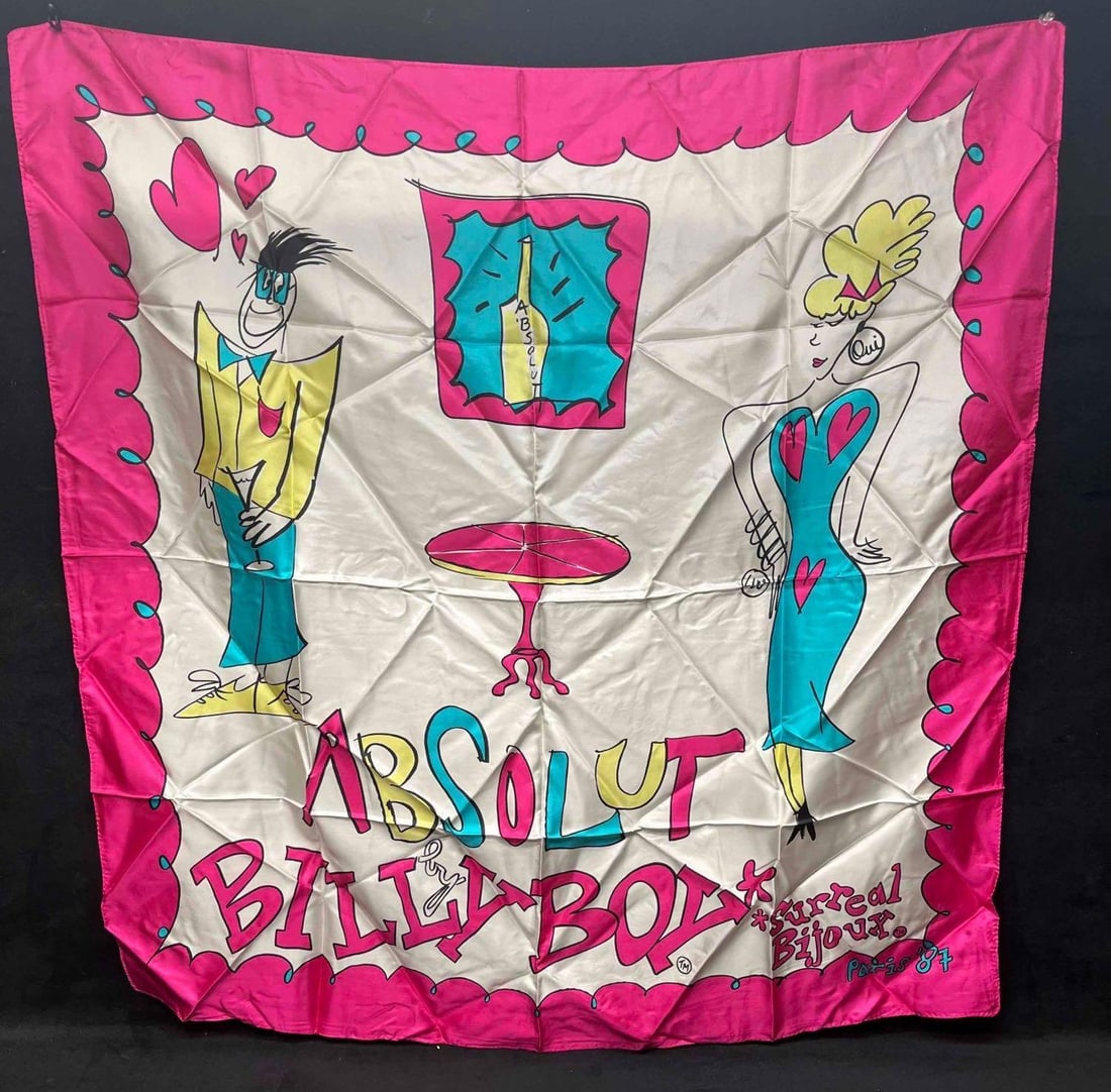 Absolut Vodka 100% Soie Silk Scarf Billy Boy Paris & Pin(E): This lot contains a Absolut Vodka 100% Soie Silk Scarf Billy Boy Paris & Pin (E).It is approx 7" x 5 1/2" when folded up and the total weight is 2.3oz. Overall the scarf is in excellent used