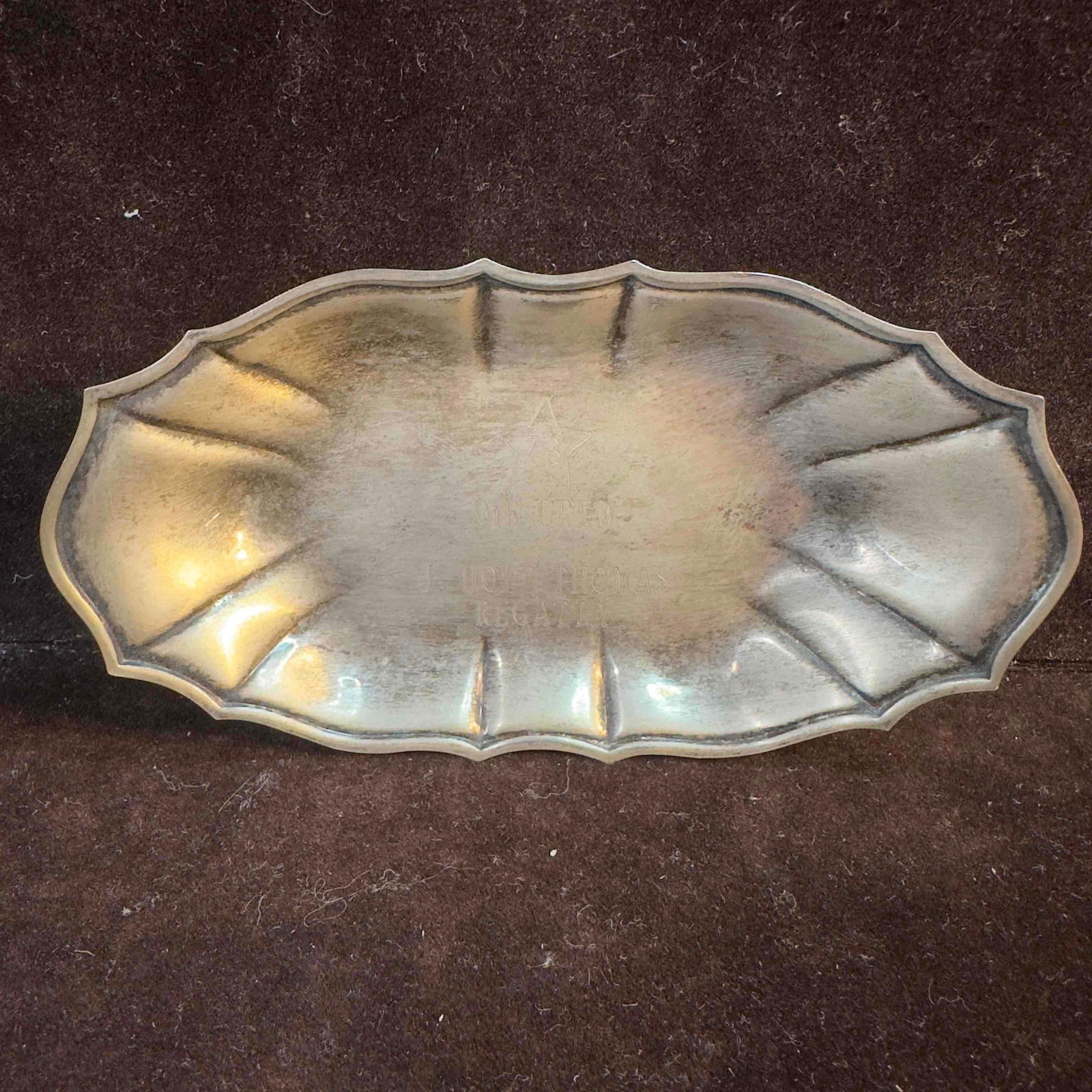 Chippendale International Silver Co. 358 Scalloped Bread Tray Plate Candy Dish Personalized: Chippendale International Silver Co. 358 Scalloped Bread Tray Plate Candy Dish Personalized. Etched personalization reads," 73 (in a star symbol) 9th Crew J. Holt Thomas Regatta". Faint etched