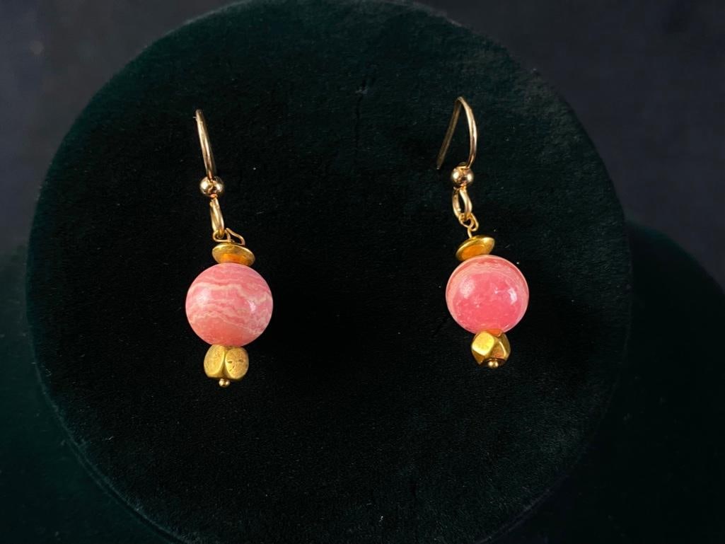 14k Gold Dangle Earrings w/ Rhodochrosite Beads: 14k Gold Dangle Earrings w/ Rhodochrosite Beads DETAILS: Metal - 14K GoldColor - GoldTested - YesSize - 1.25"Weight - 5.4gMarkings - noneMaker - unknownStones - rhodochrositeStyle - dangle